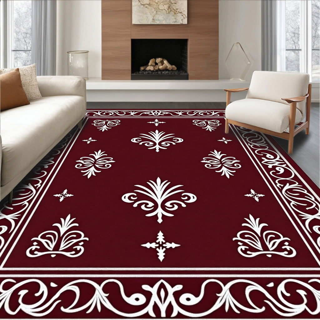 Crimson White Scrollwork Fleur-de-lis Rug