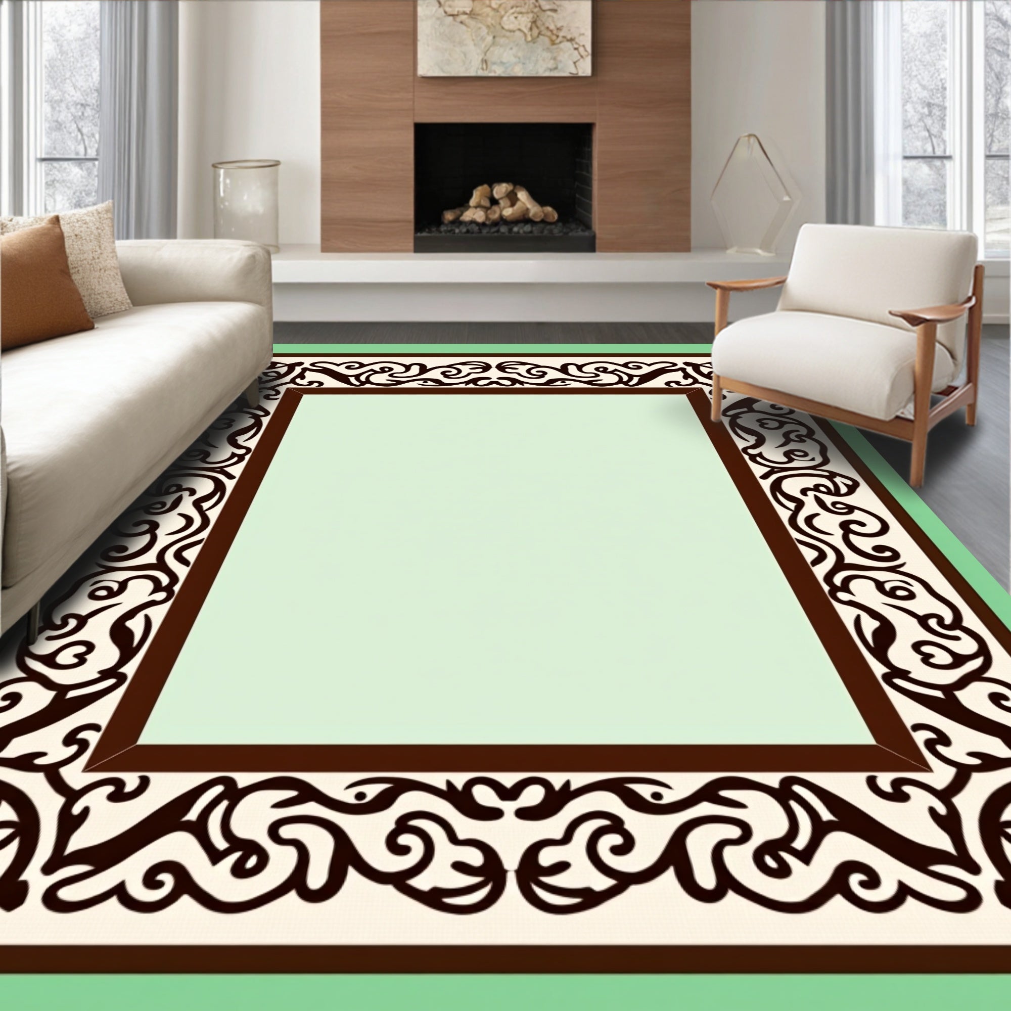 Dark Brown Cream Abstract Scroll Border Rug