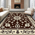 Rich Brown Cream Floral Medallion Border Rug