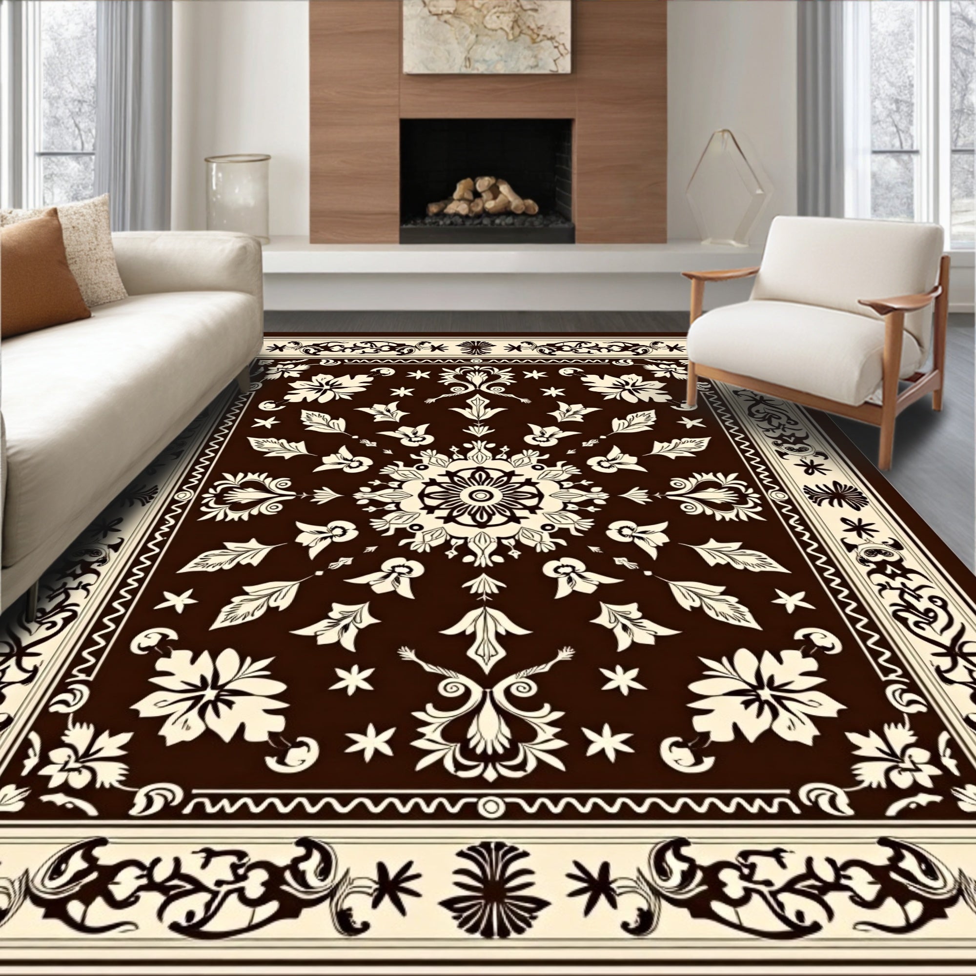 Rich Brown Cream Floral Medallion Border Rug