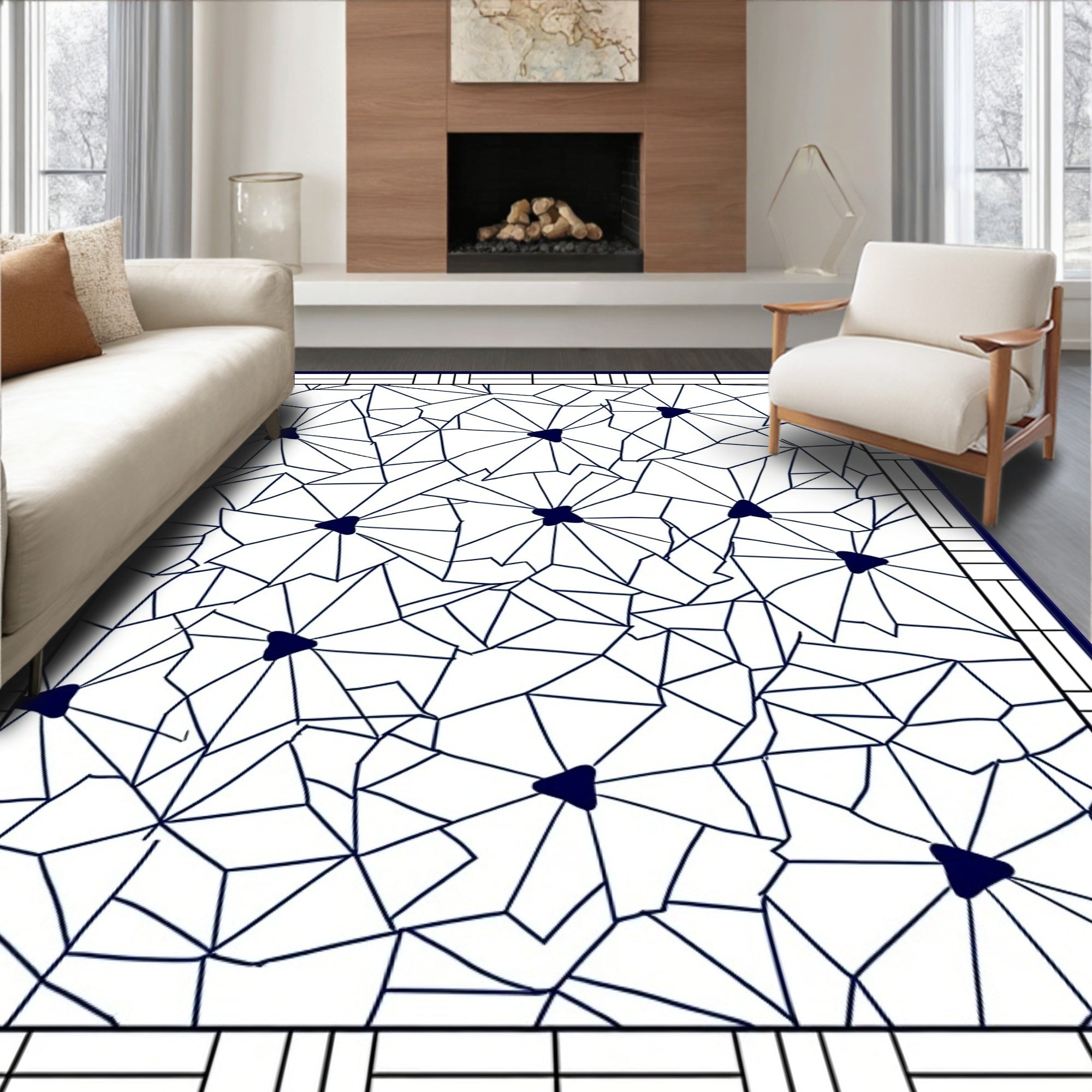 Navy Floral Geometric Tile Rug