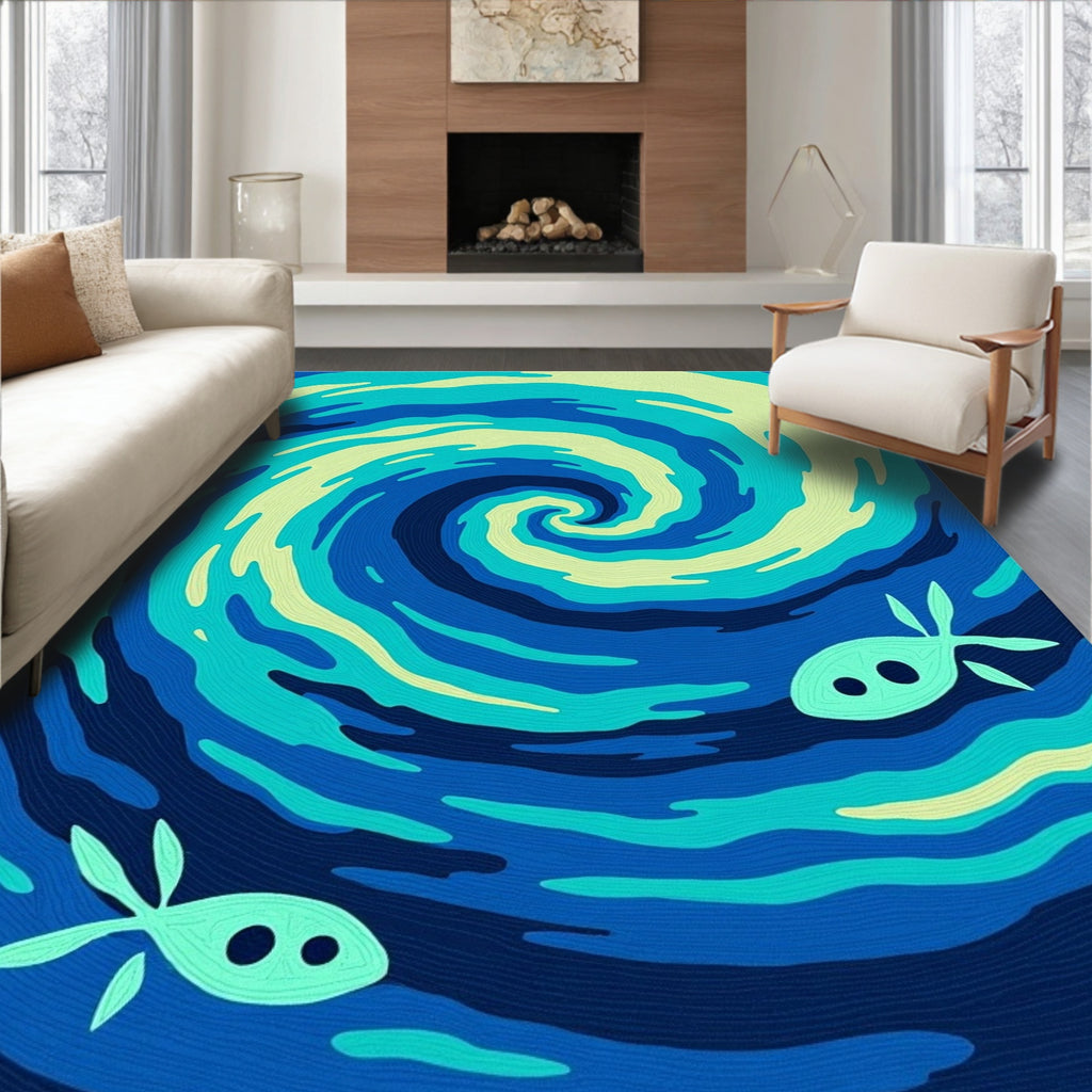 Deep Blue Swirling Ocean Fish Rug