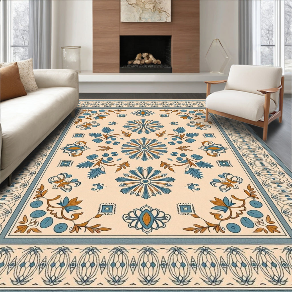 Cream Blue Floral Arabesque Rug
