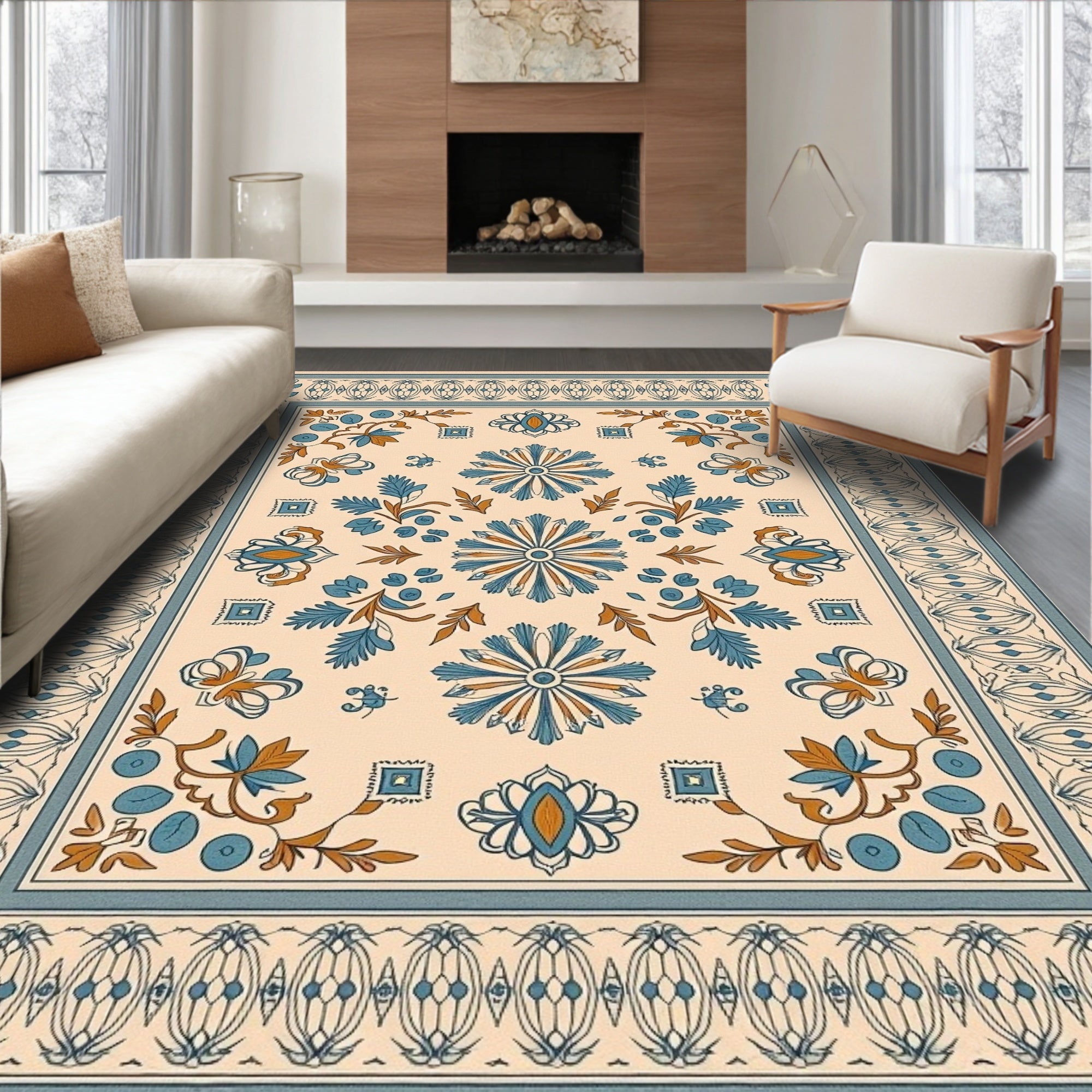 Cream Blue Floral Arabesque Rug