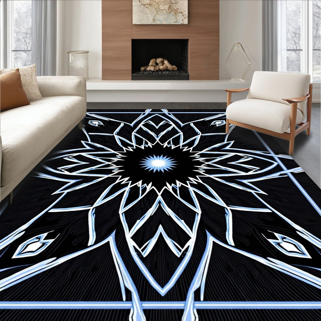 Abstract Icy Blue Starburst Frame Rug