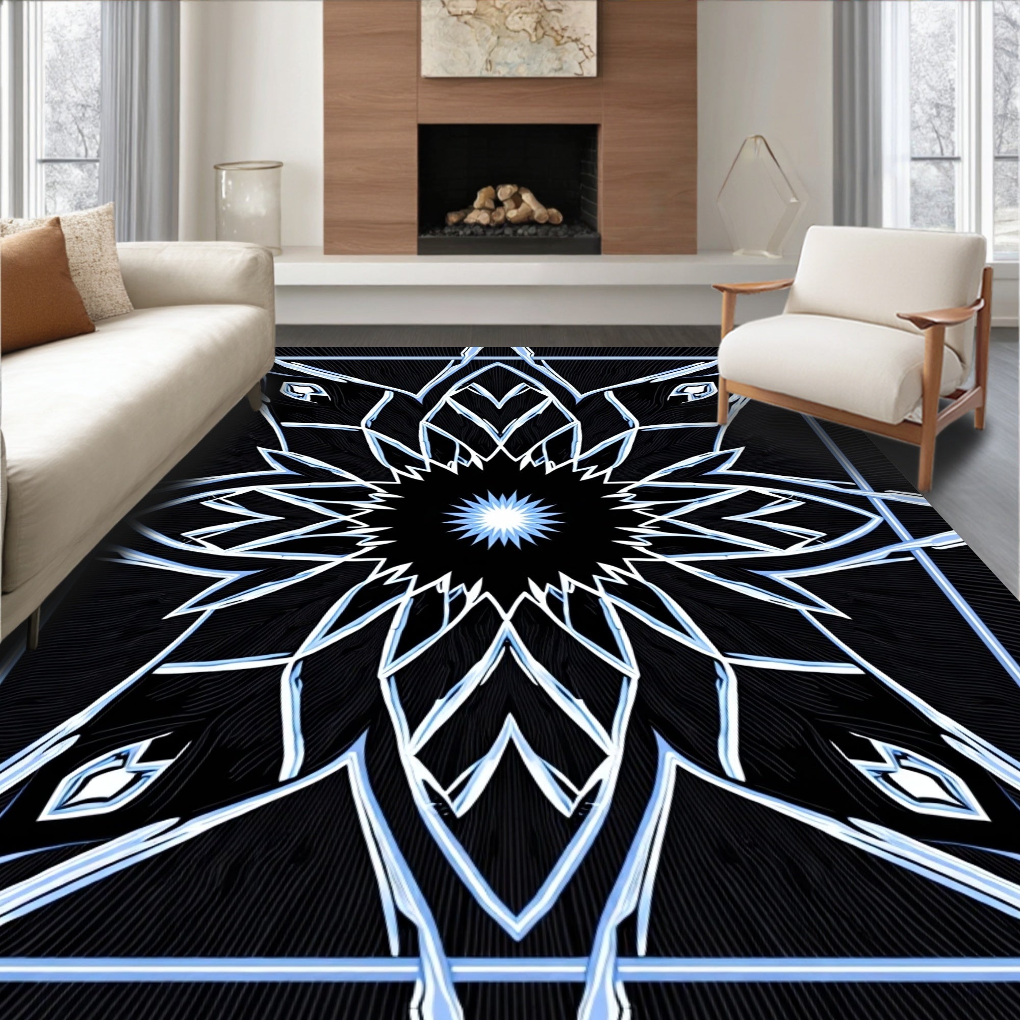 Abstract Icy Blue Starburst Frame Rug