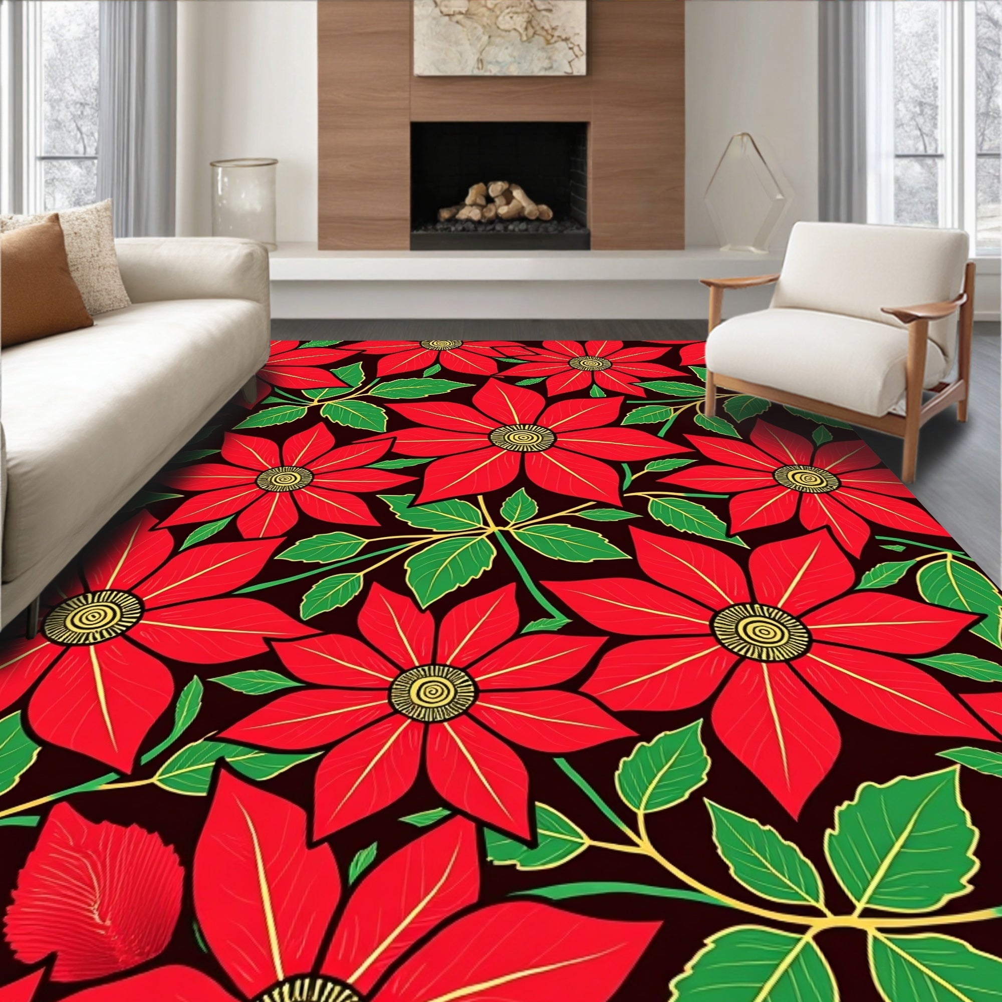 Vibrant Red Floral Outline Swirl Rug