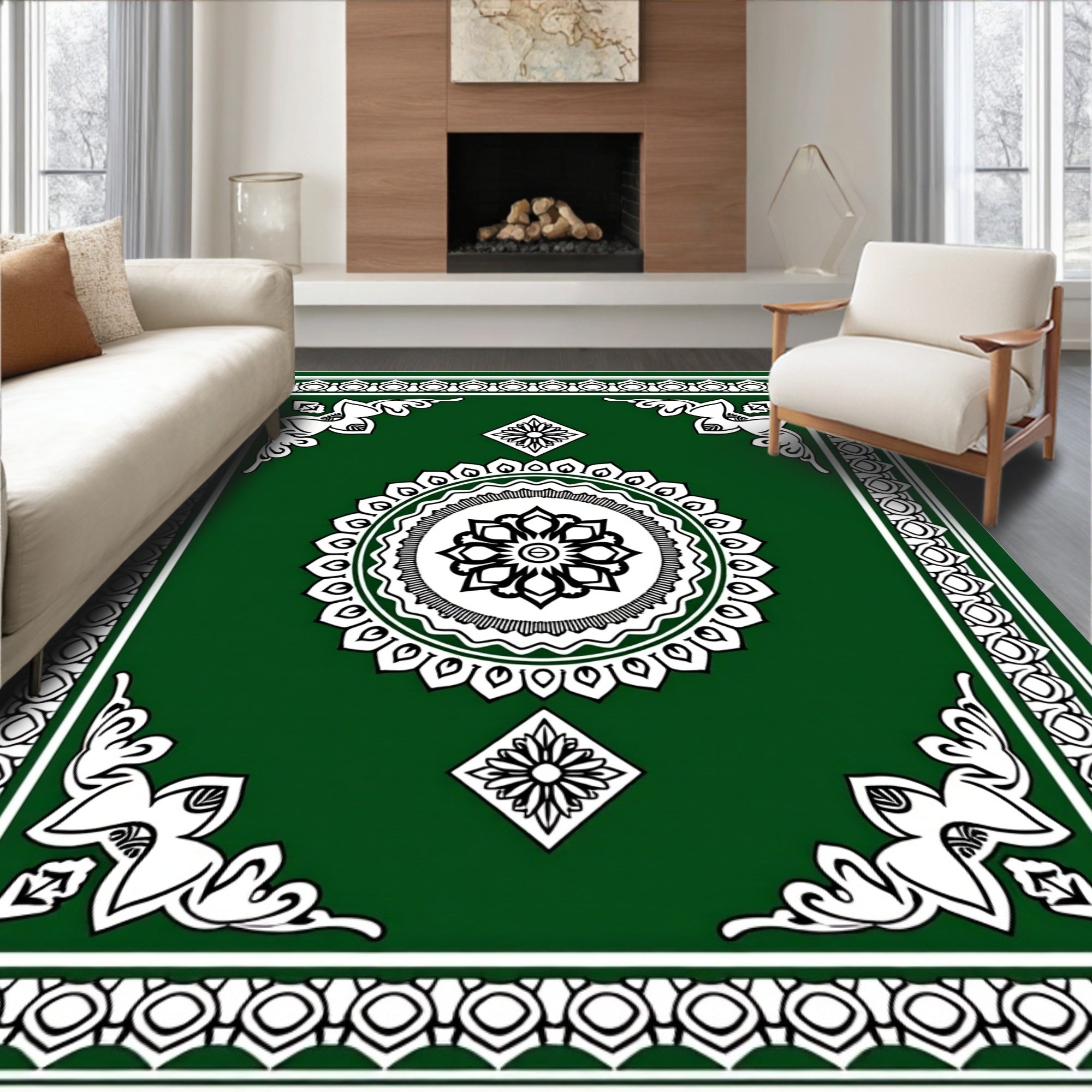 Emerald Green Floral Mandala Border Rug