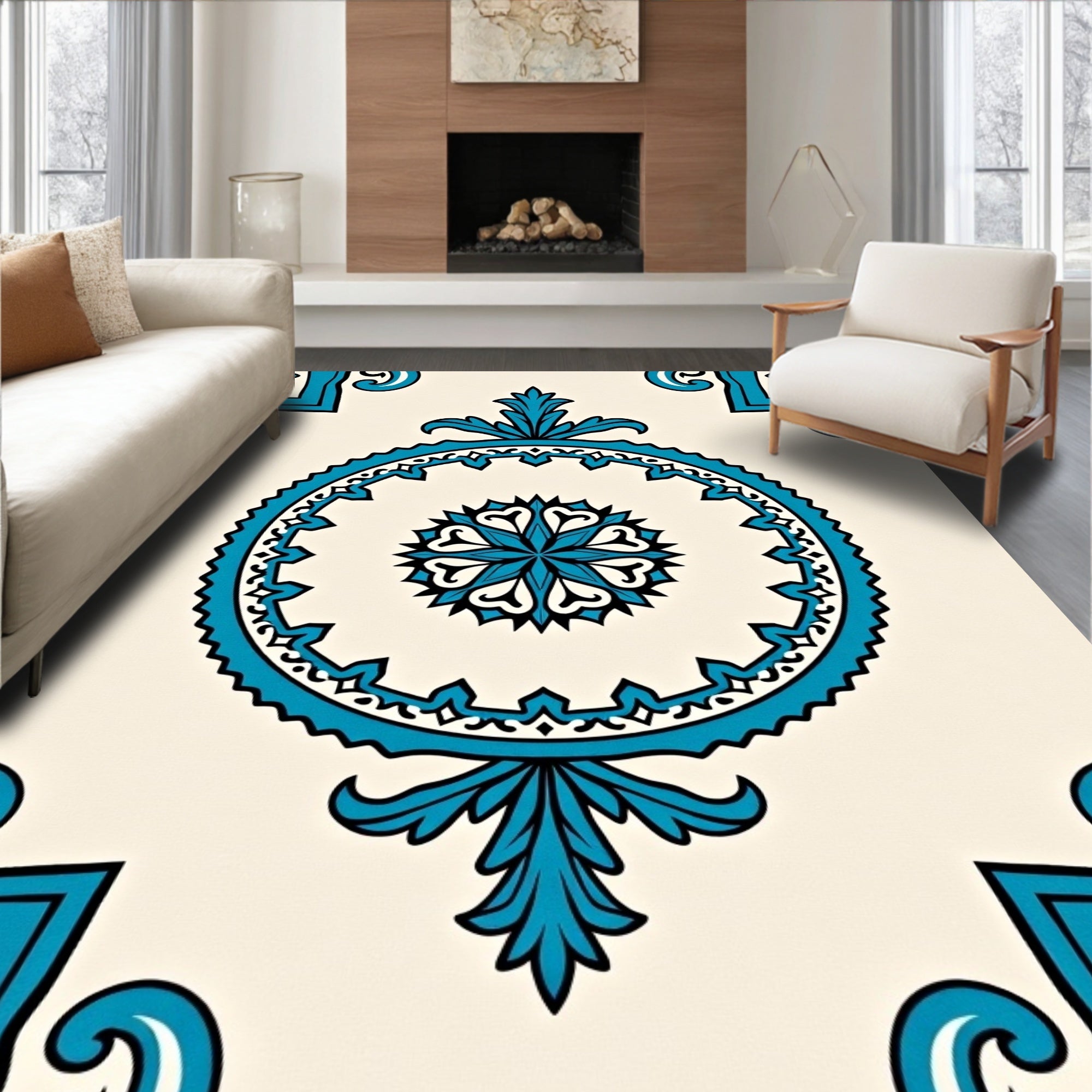Turquoise Floral Medallion Cream Rug