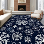 White Snowflake Scatter Navy Background Rug