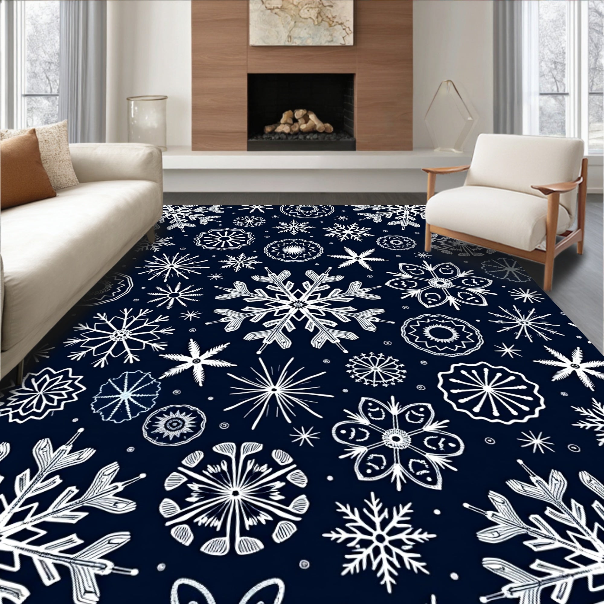 White Snowflake Scatter Navy Background Rug
