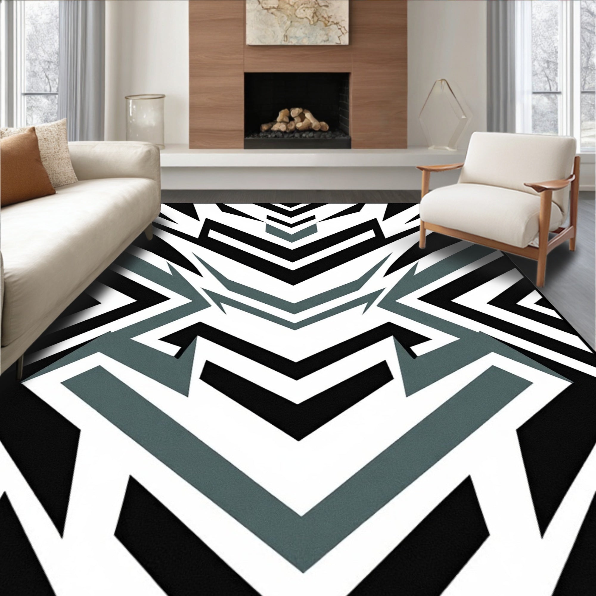 Sharp Geometric Zigzag Graphite Rug