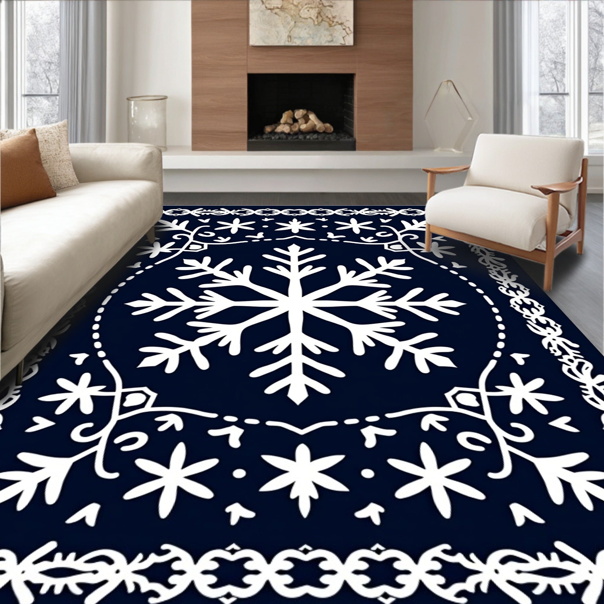 Navy White Snowflake Ornamental Rug