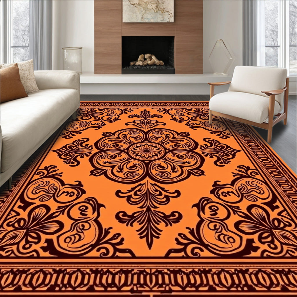 Radiant Orange Floral Medallion Border Rug