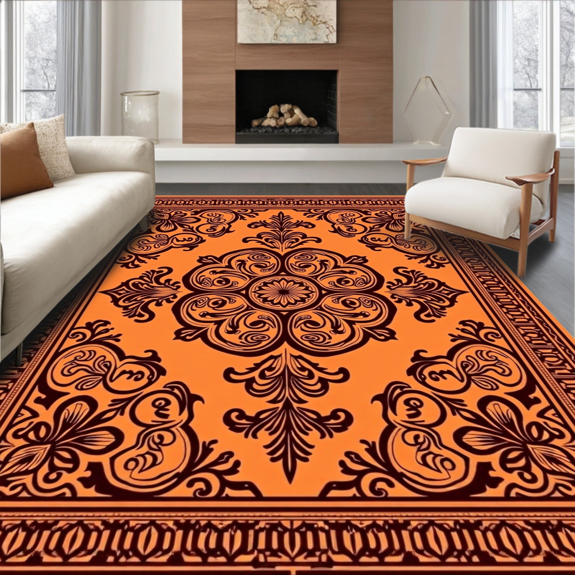 Radiant Orange Floral Medallion Border Rug