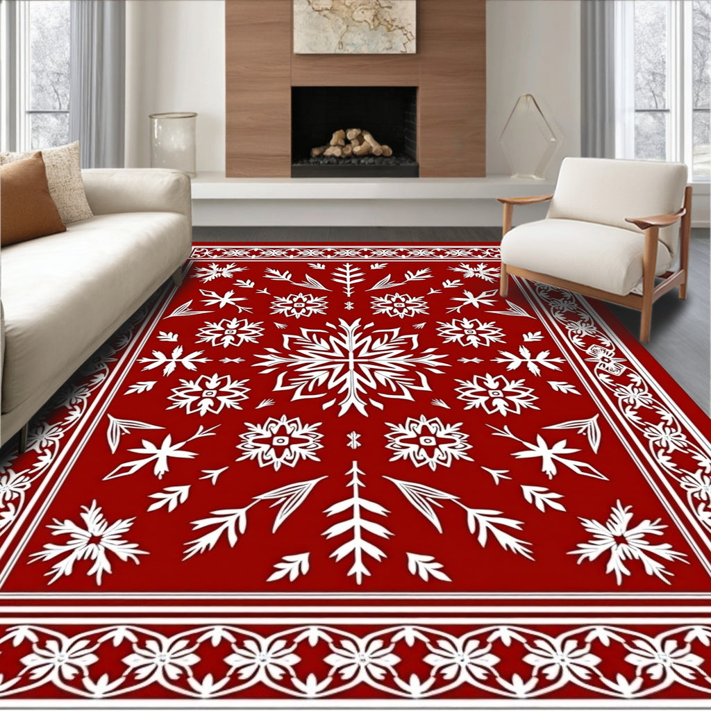 Crimson Snowflake Floral Border Rug
