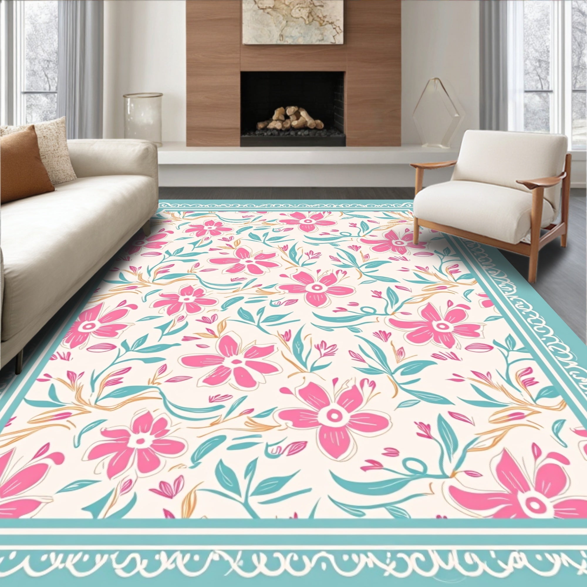 Pink Floral Garden Whimsical Rug