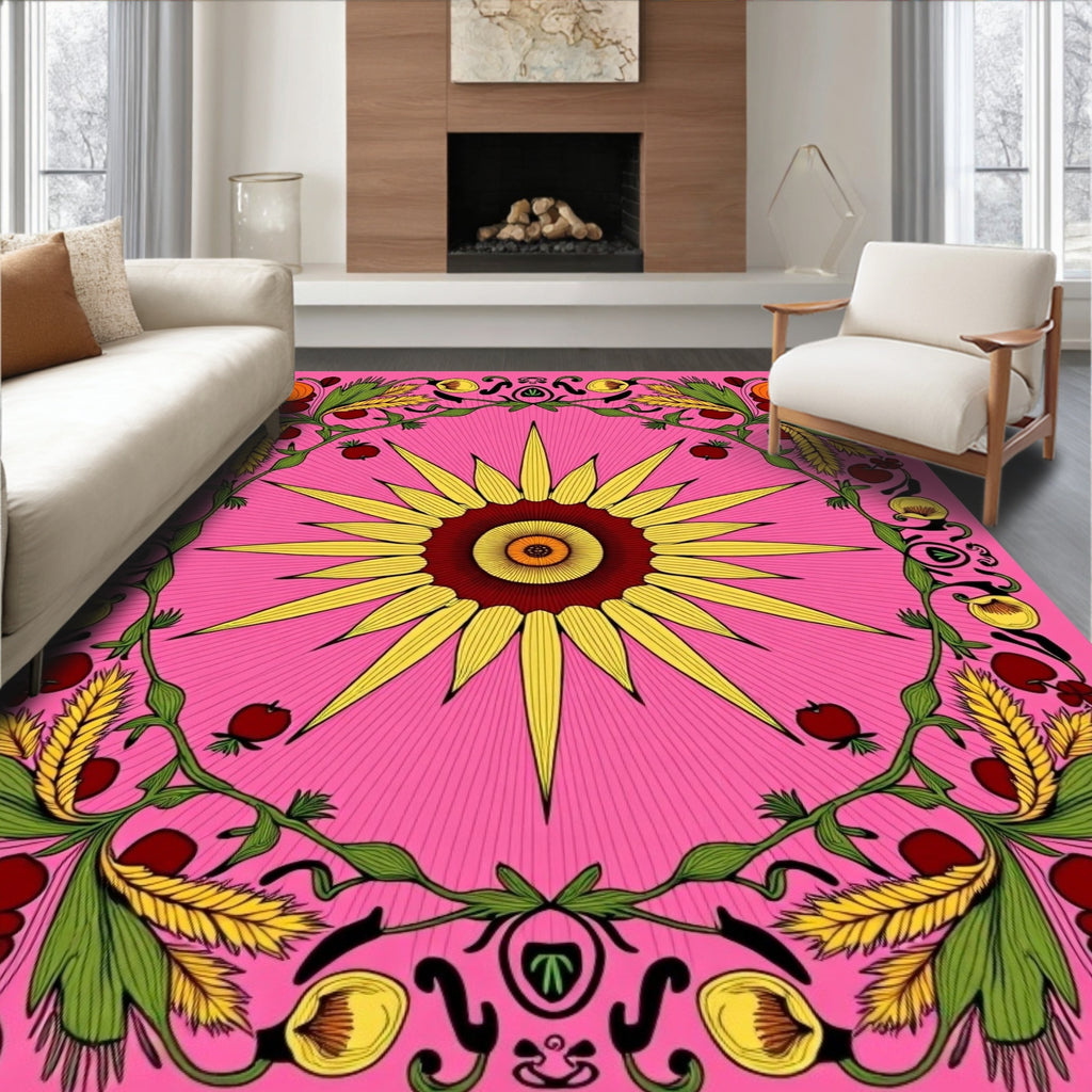 Pink Sunburst Floral Pumpkin Border Rug