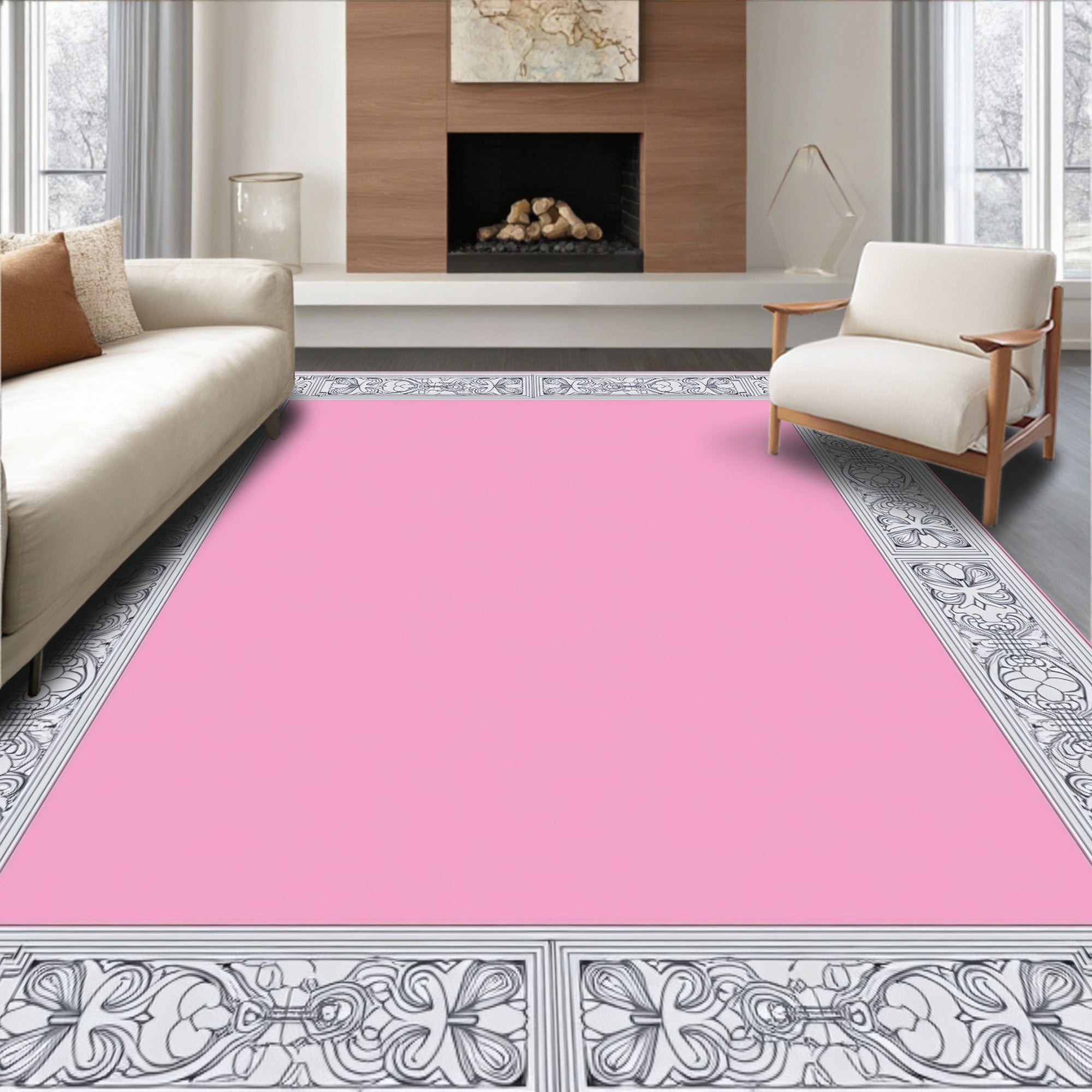 Elegant Pink Floral Art Nouveau Frame Rug