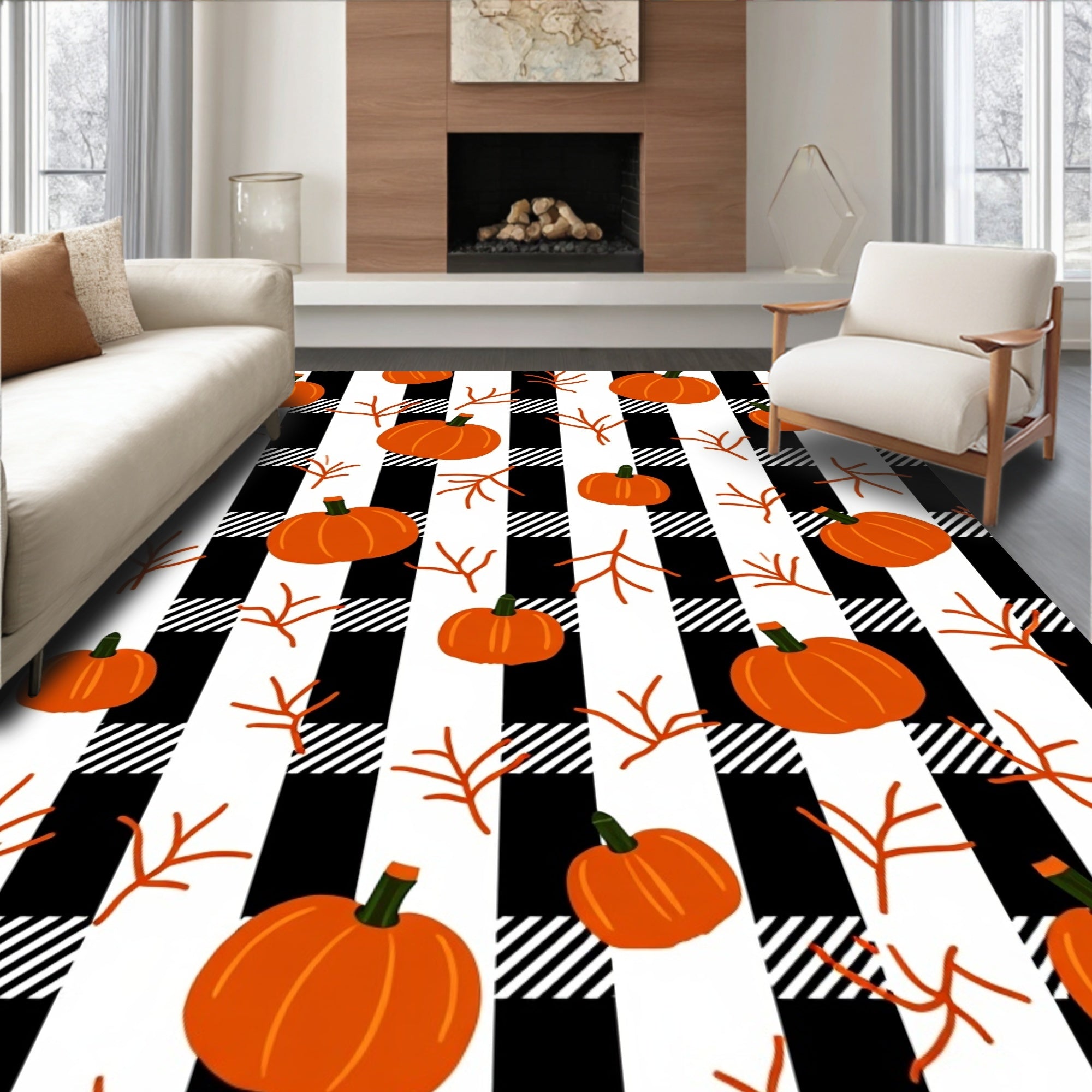 Orange Pumpkins Black White Buffalo Plaid Rug