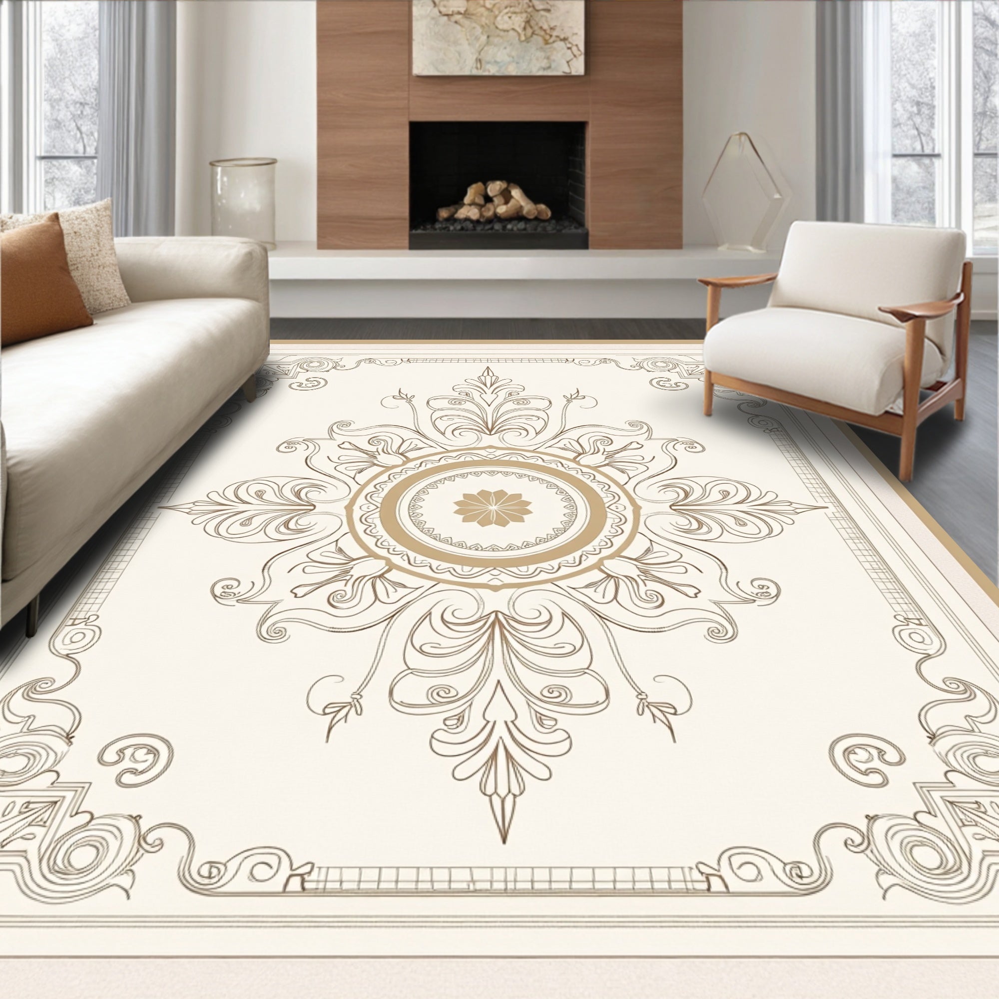 Elegant Gold Floral Mandala Frame Rug