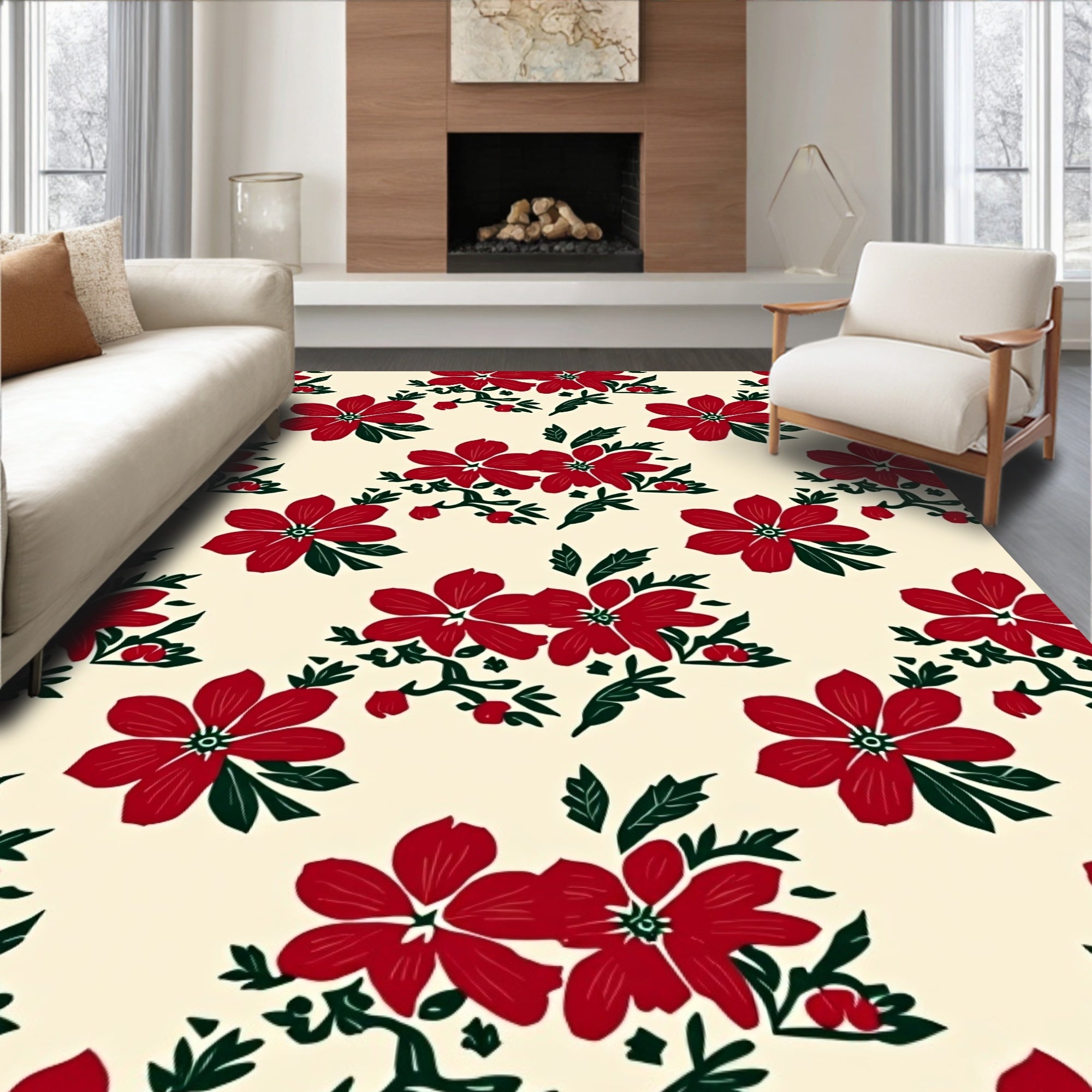 Crimson Floral Sprig Cream Rug