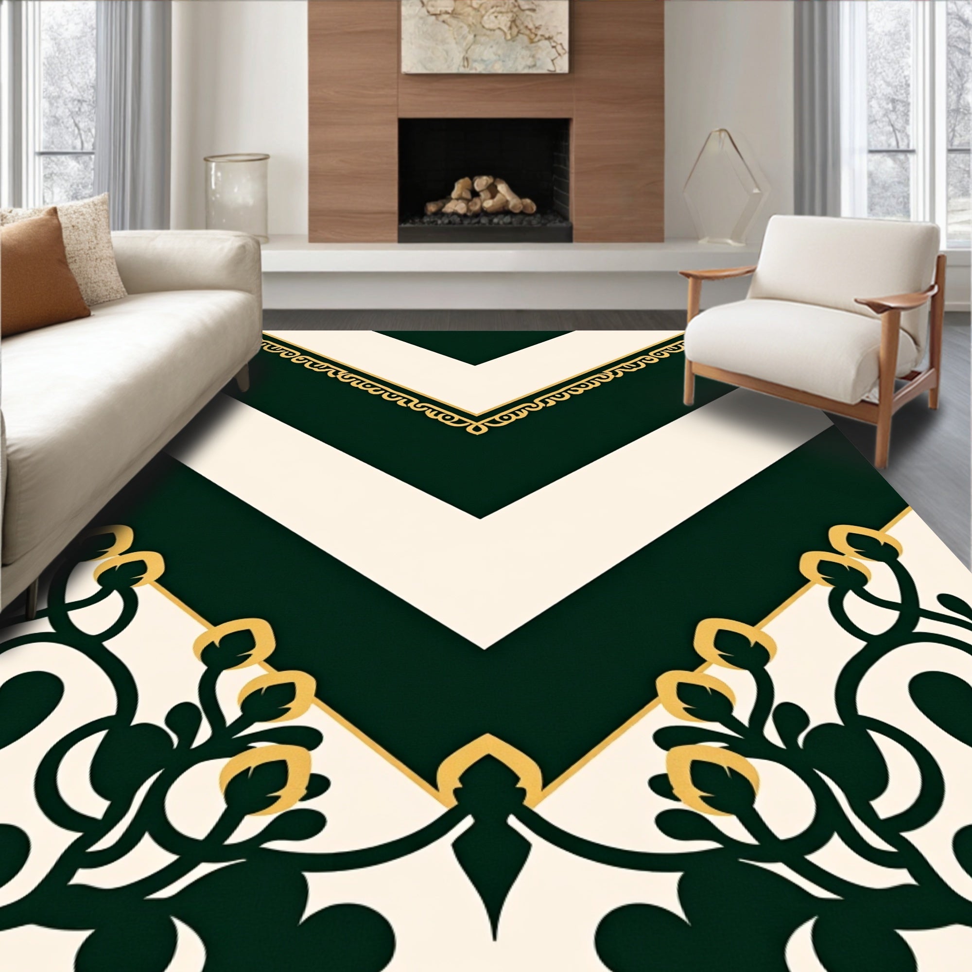 Dark Green Chevron Floral Medallion Rug