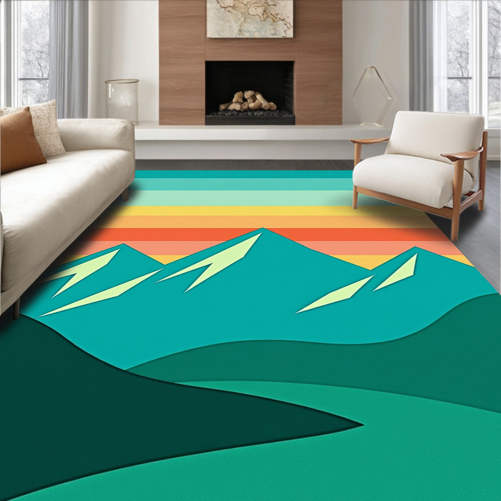 Teal Mountain Sunset Striped Layers Rug