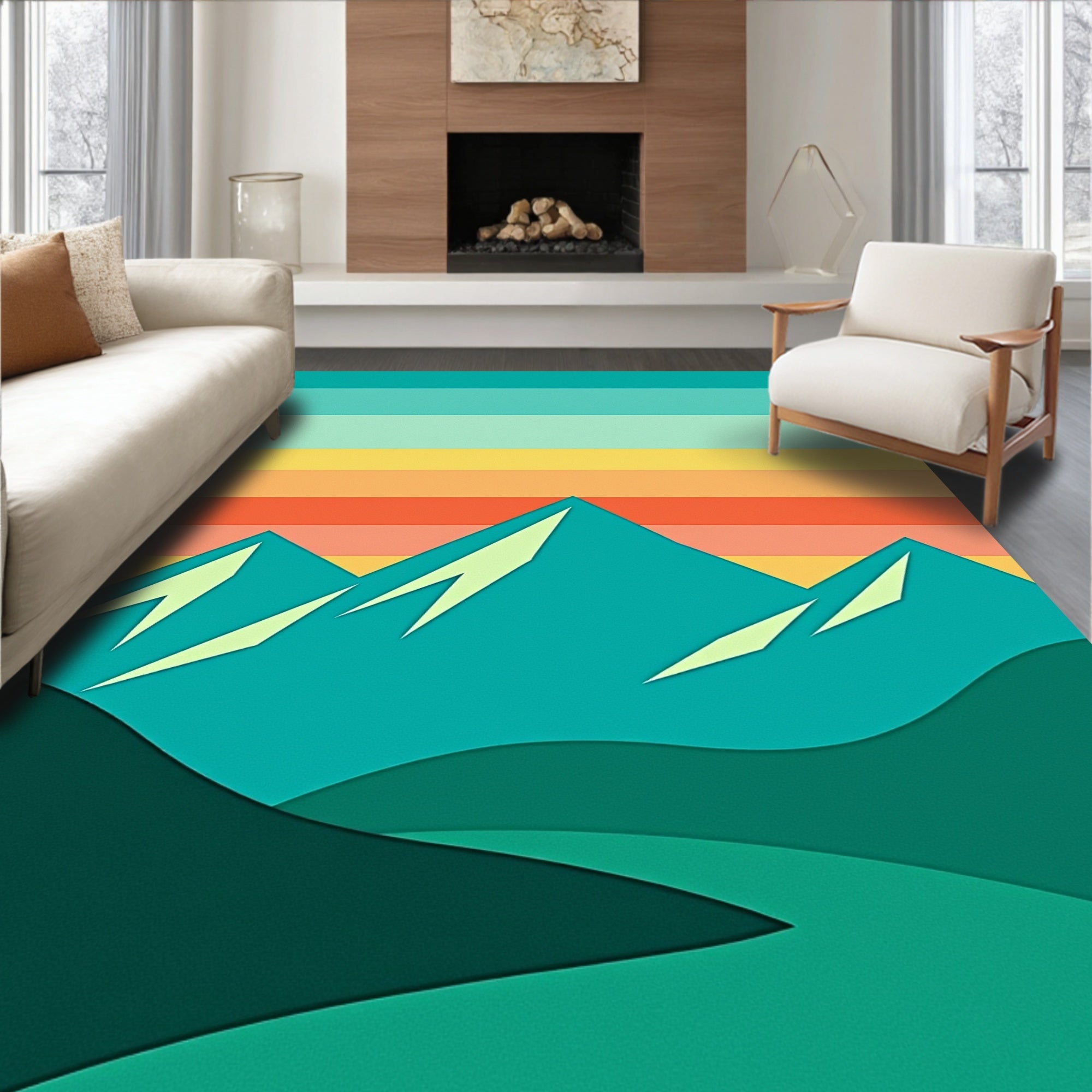 Teal Mountain Sunset Striped Layers Rug