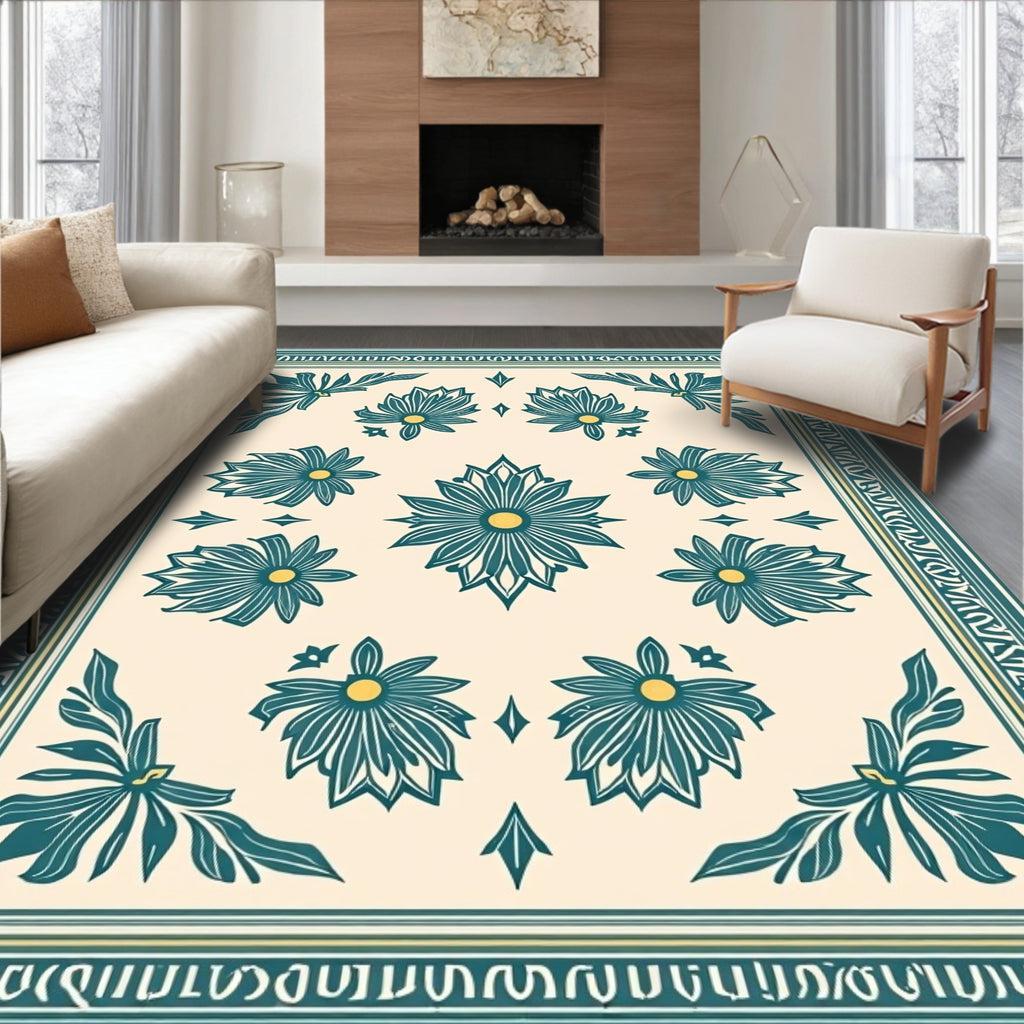 Teal Floral Botanical Cream Rug