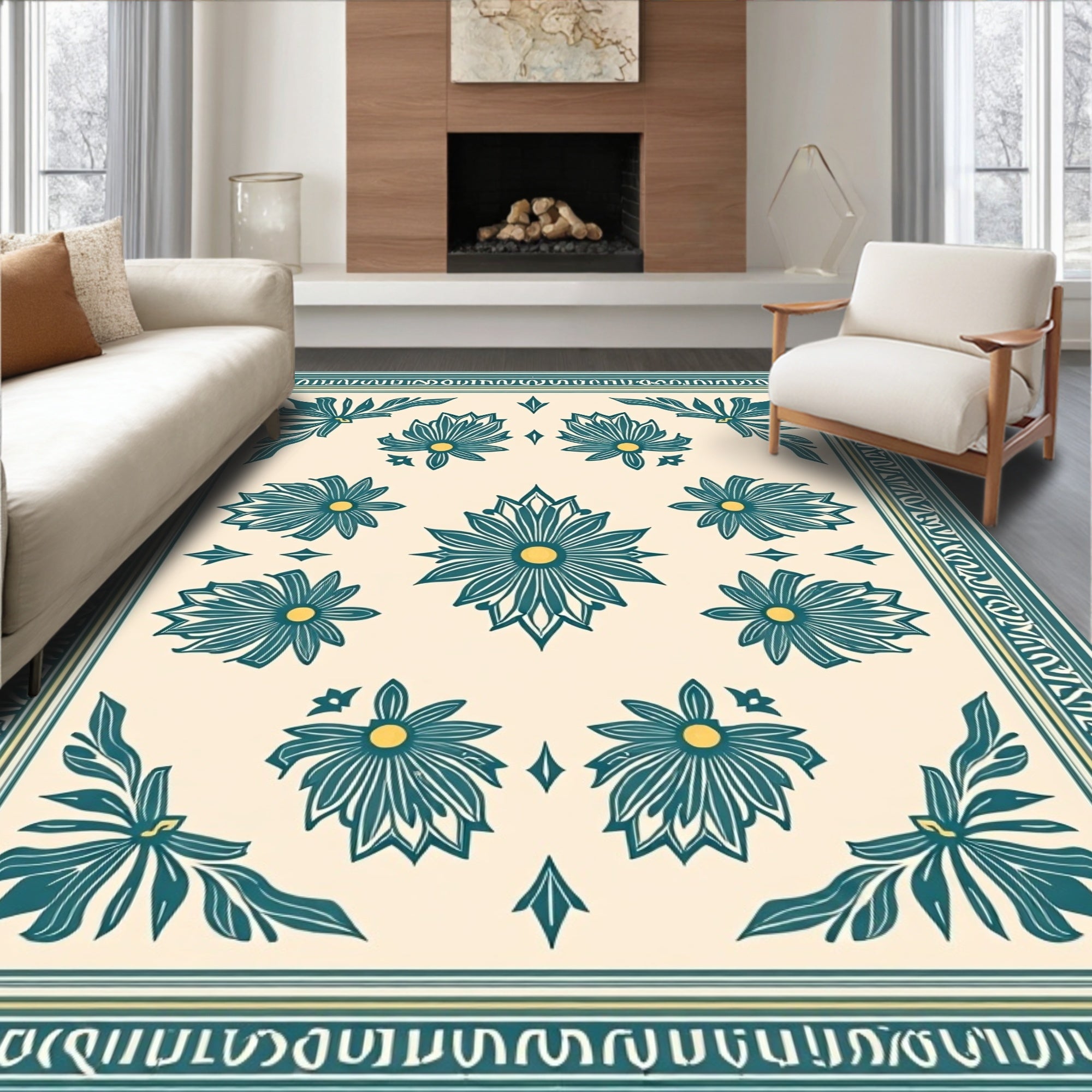 Teal Floral Botanical Cream Rug