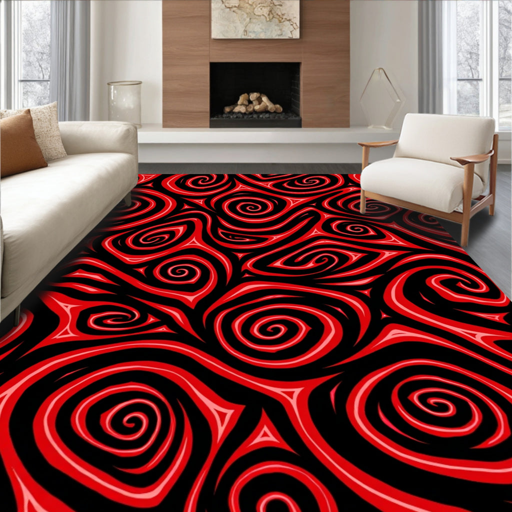 Bold Red Swirl Abstract Rug