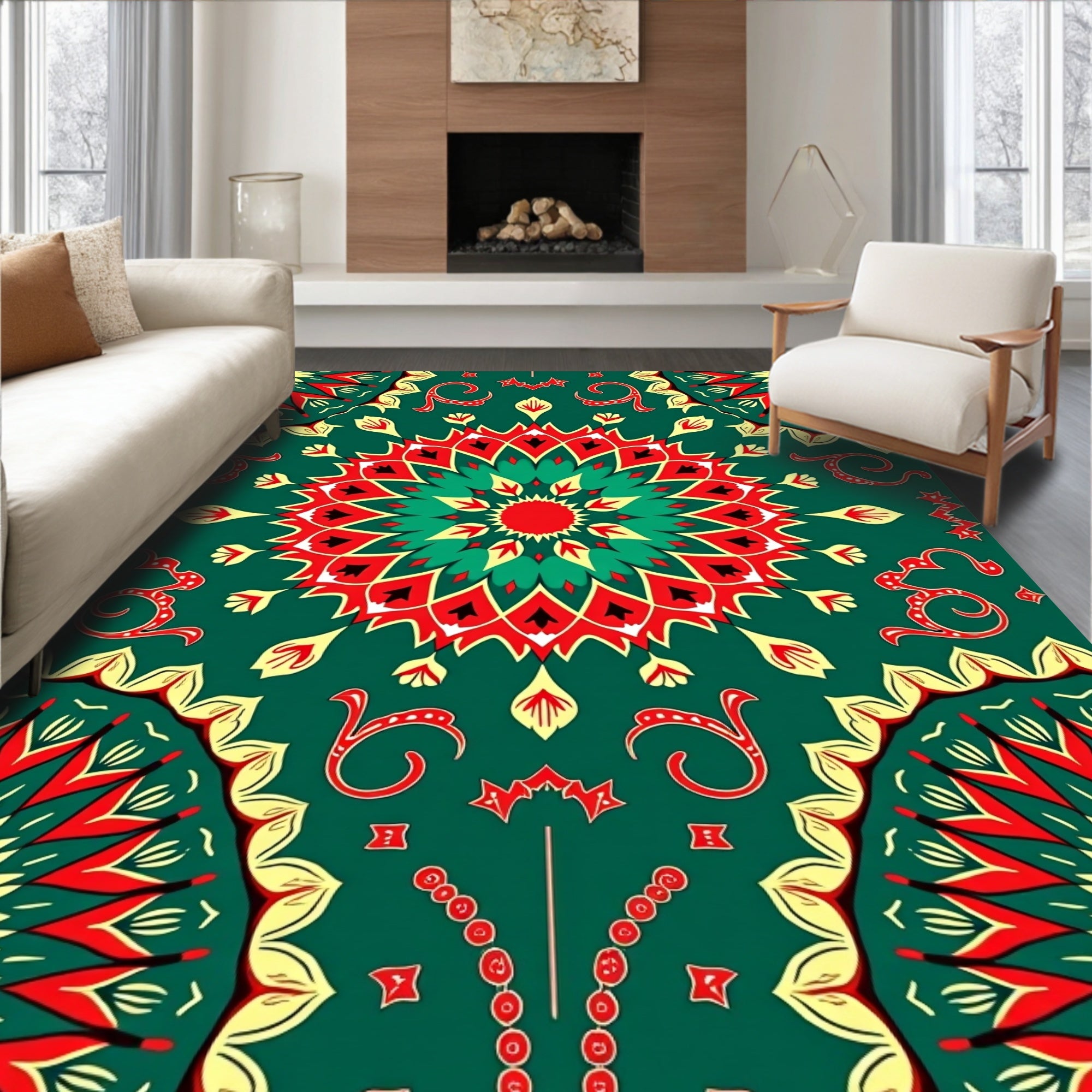 Emerald Crimson Yellow Medallion Mandala Rug