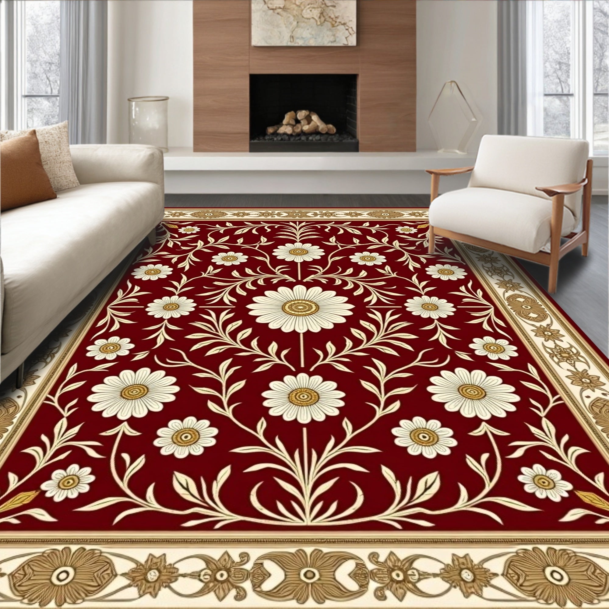 Rich Burgundy Daisy Vine Border Rug