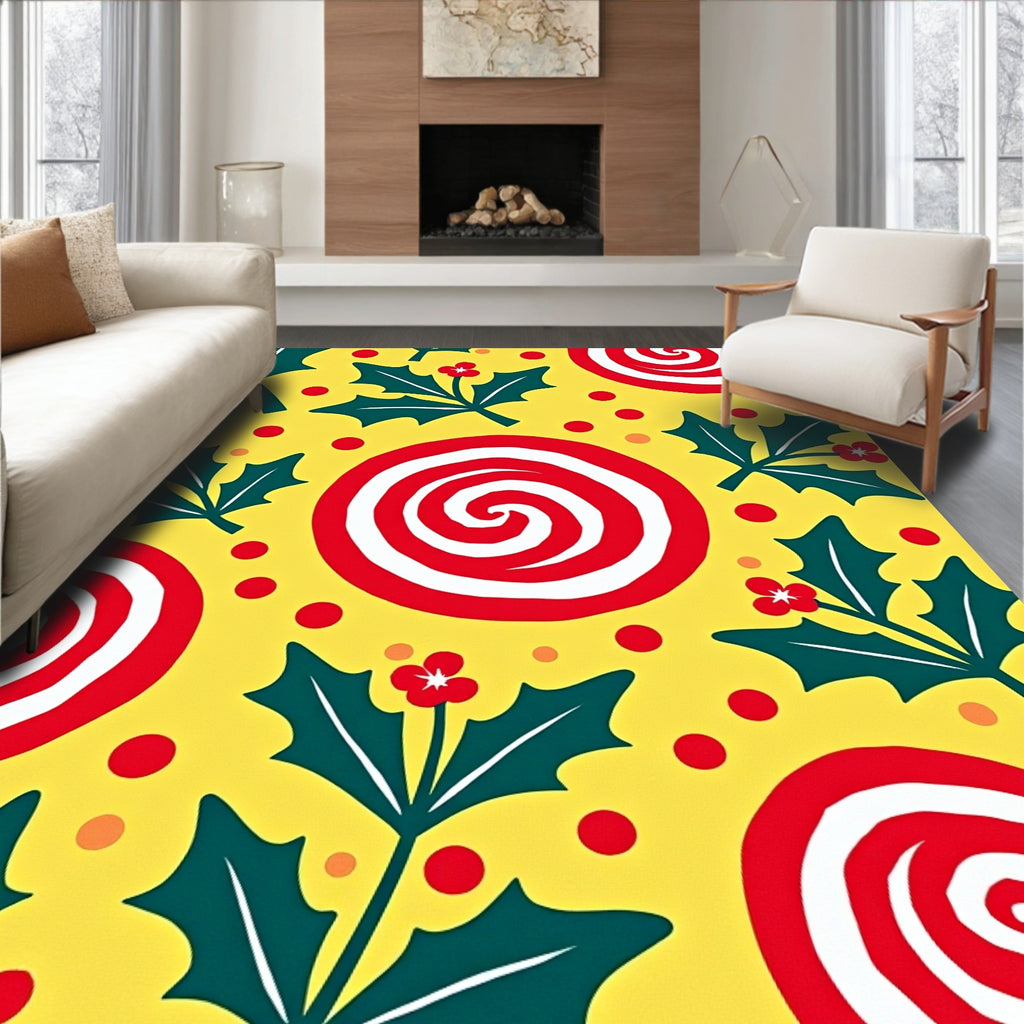 Festive Yellow Holly Swirls Polka Dots Rug