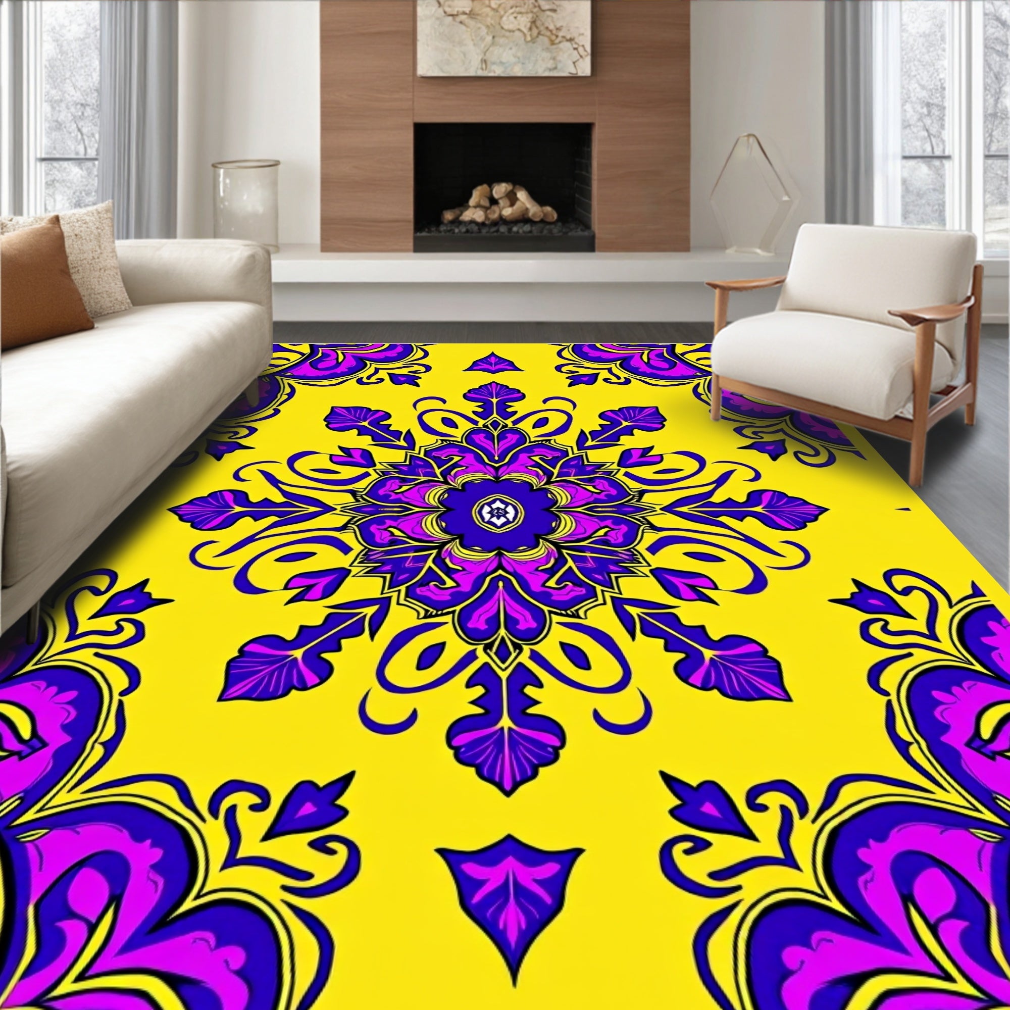 Vibrant Yellow Purple Symmetrical Floral Rug