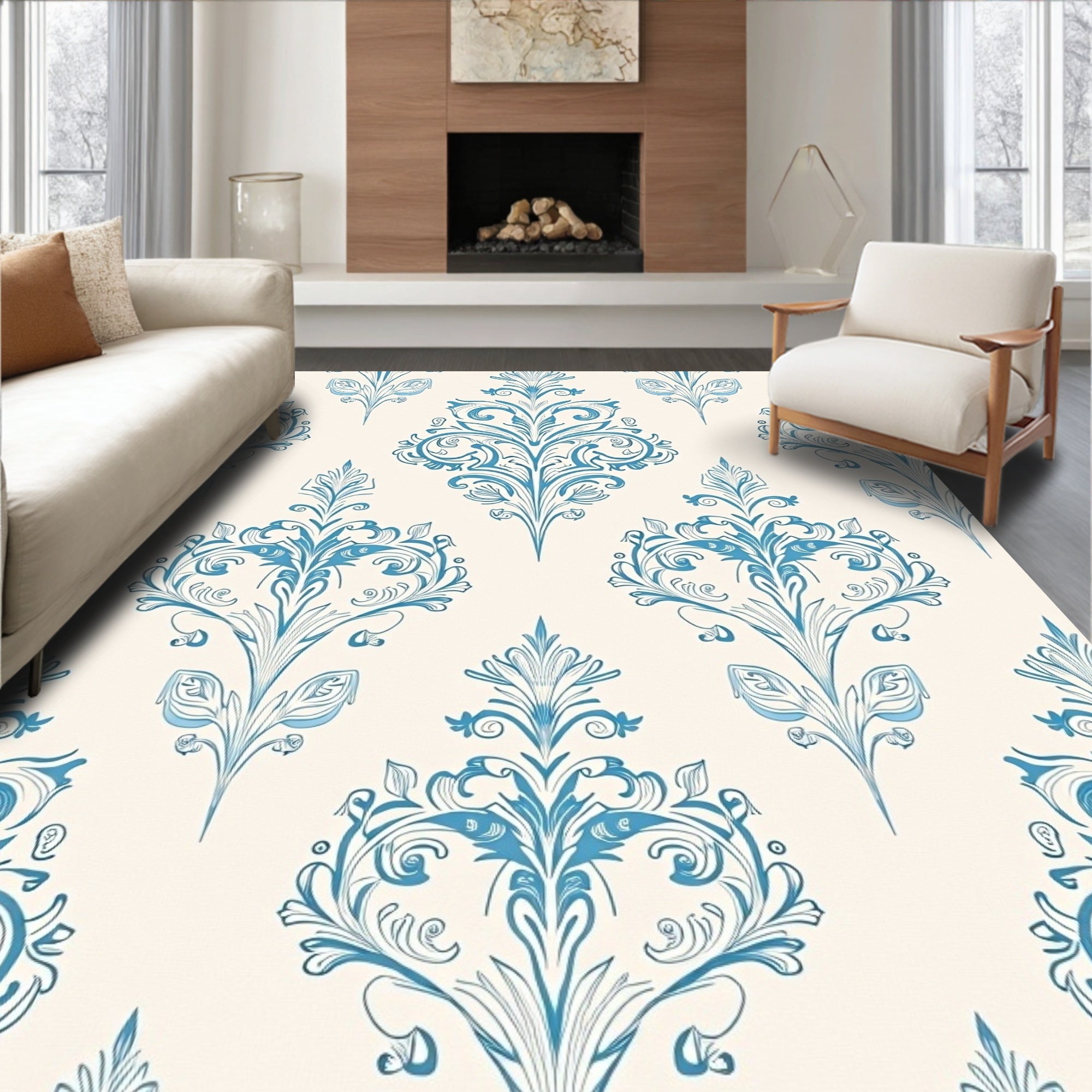 Ornate Blue Damask Crest Rug