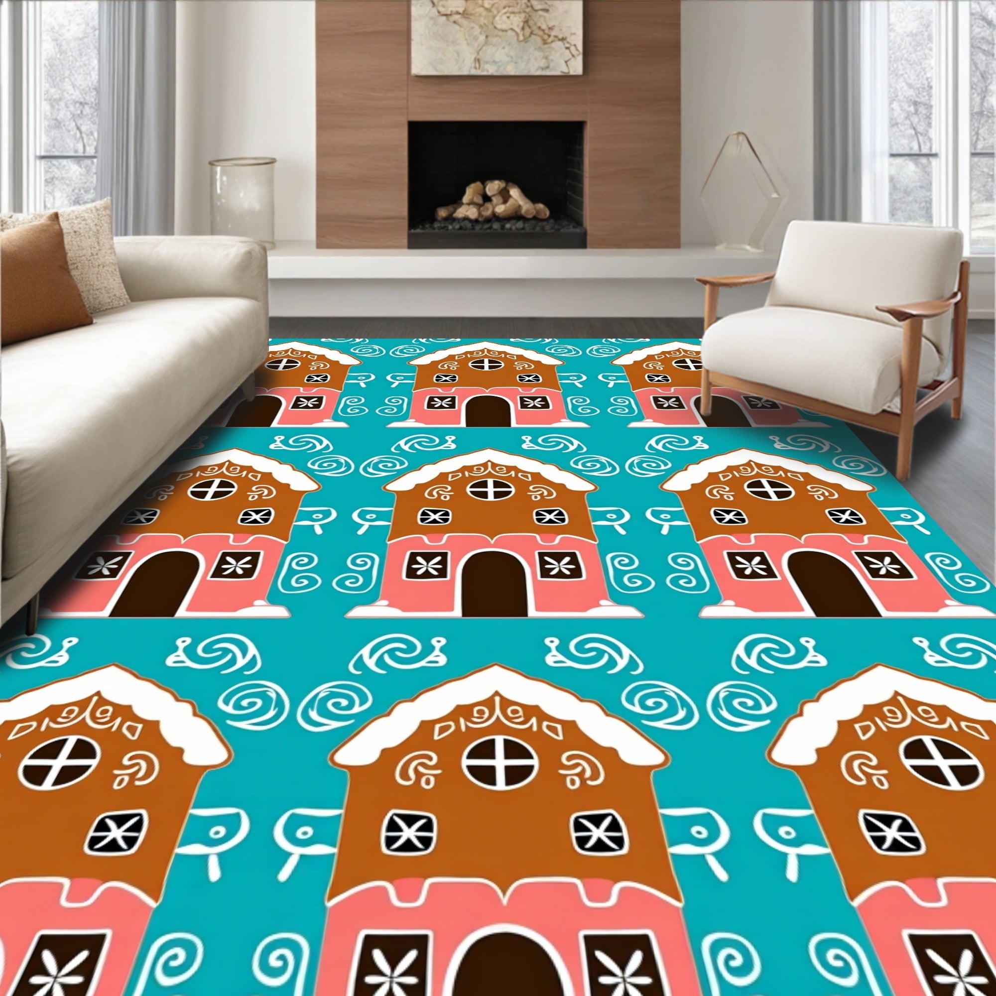 Whimsical Gingerbread Houses Teal Rug