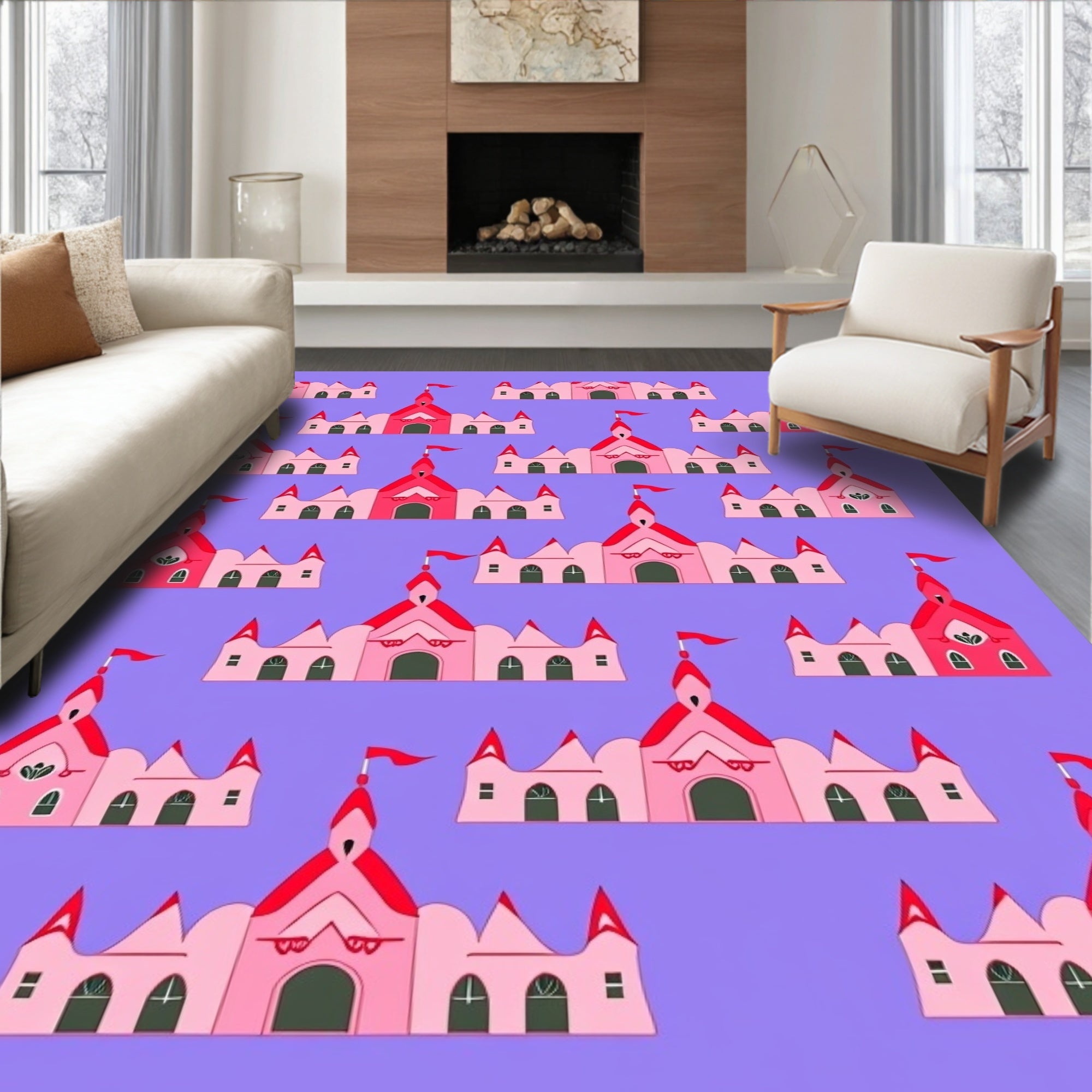 Pink Castle Town Whimsical Repeat Rug