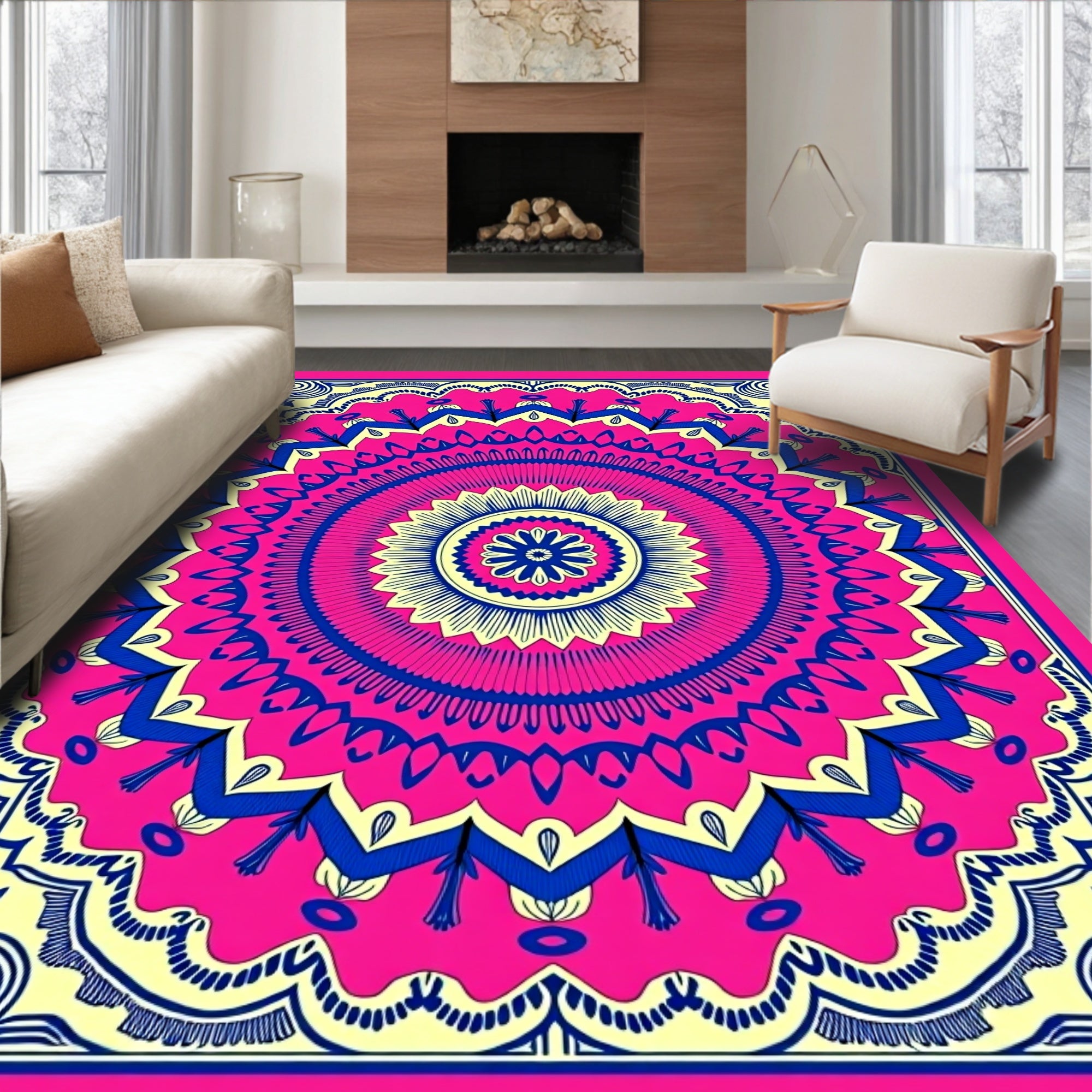 Vibrant Pink Blue Sunburst Mandala Rug