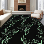Light Green Floral Sketch on Black Rug