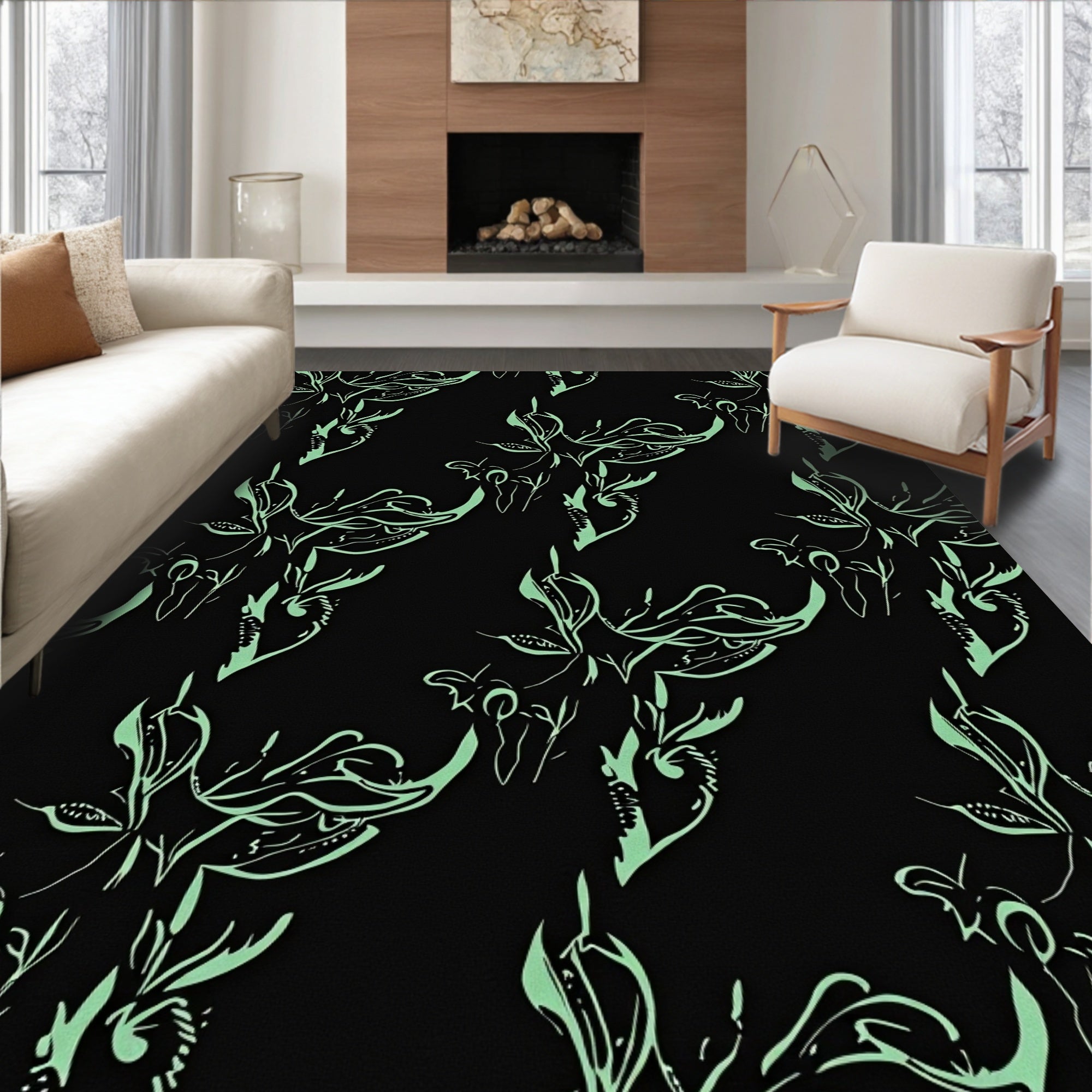 Light Green Floral Sketch on Black Rug
