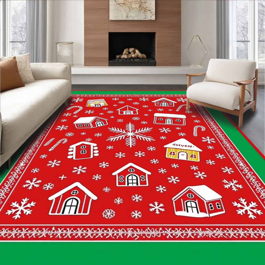 Red Gingerbread Houses Snowflake Winter Rug