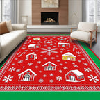 Red Gingerbread Houses Snowflake Winter Rug