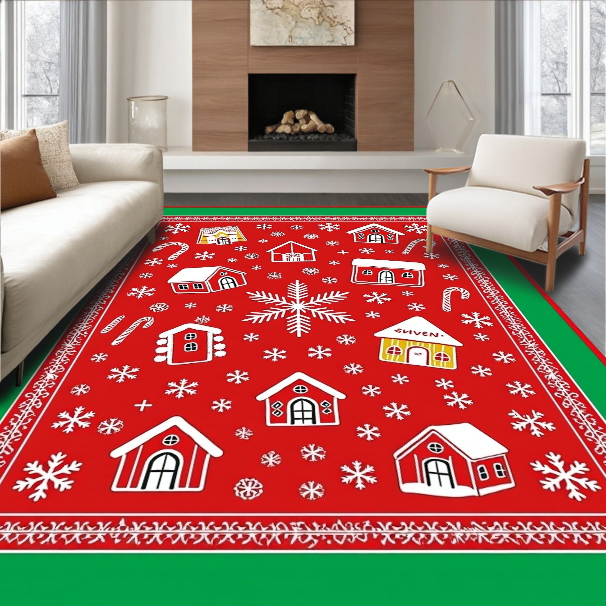 Red Gingerbread Houses Snowflake Winter Rug