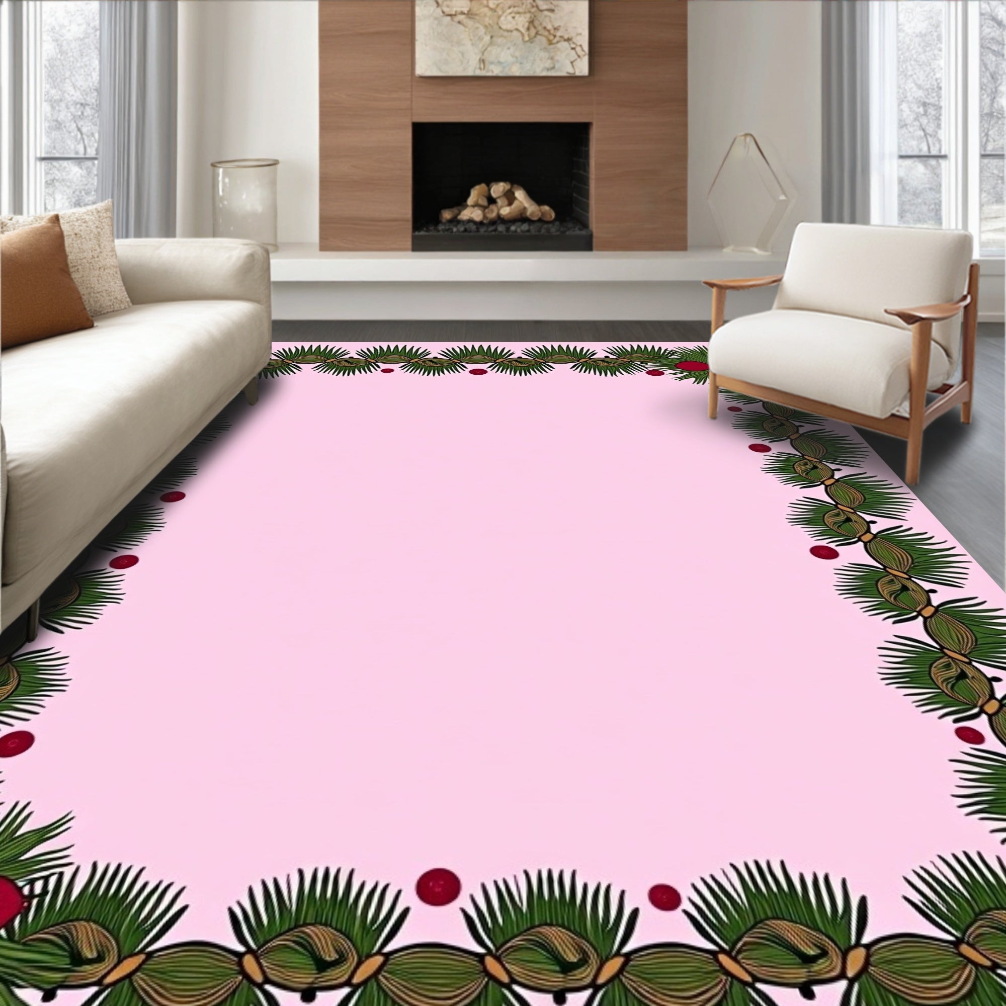 Biege Green Berry Garland Edging Rug