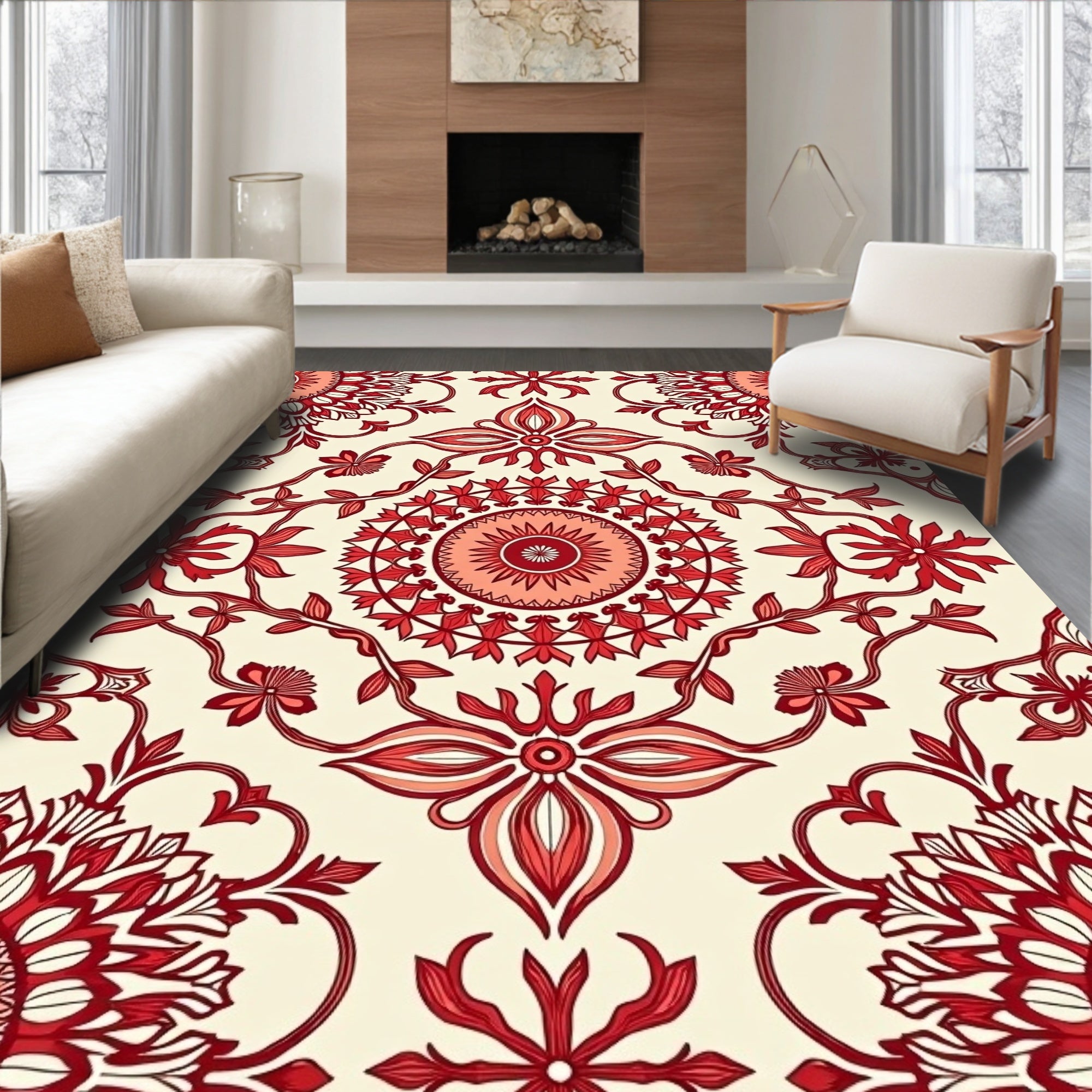 Crimson Red Floral Medallion Garden Rug