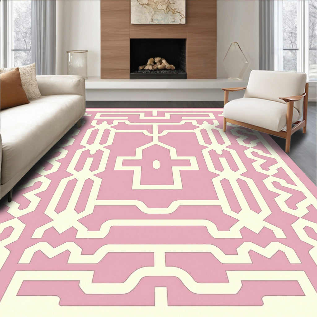 Soft Pink Geometric Lattice Medallion Rug