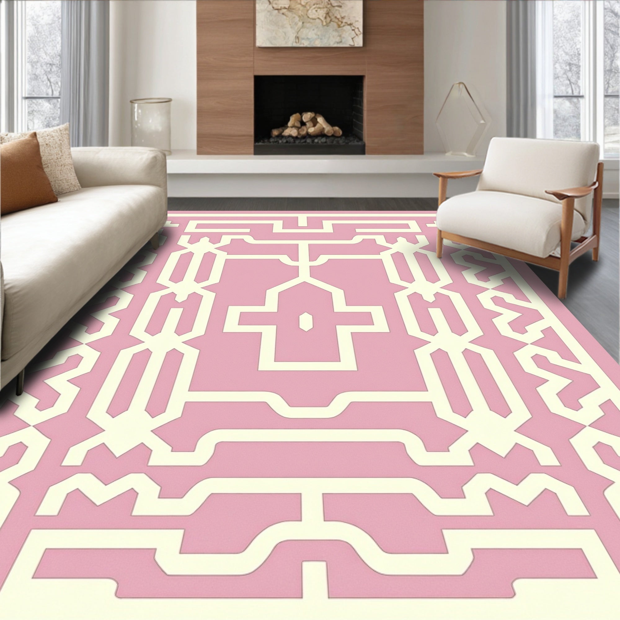 Soft Pink Geometric Lattice Medallion Rug