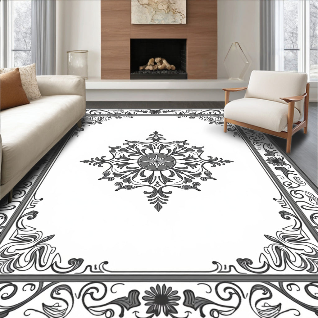 Ornate Gray Floral Mandala Frame Rug